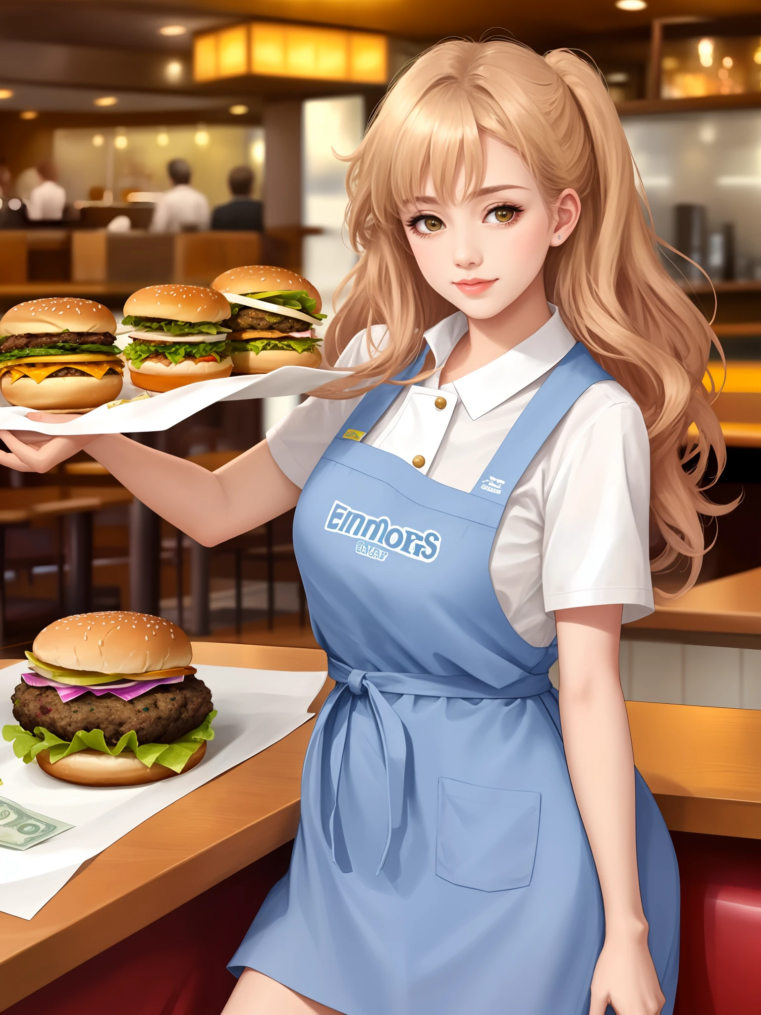 Hyper realistic Wendy flipping burgers in a restaurant with money falling out her pockets