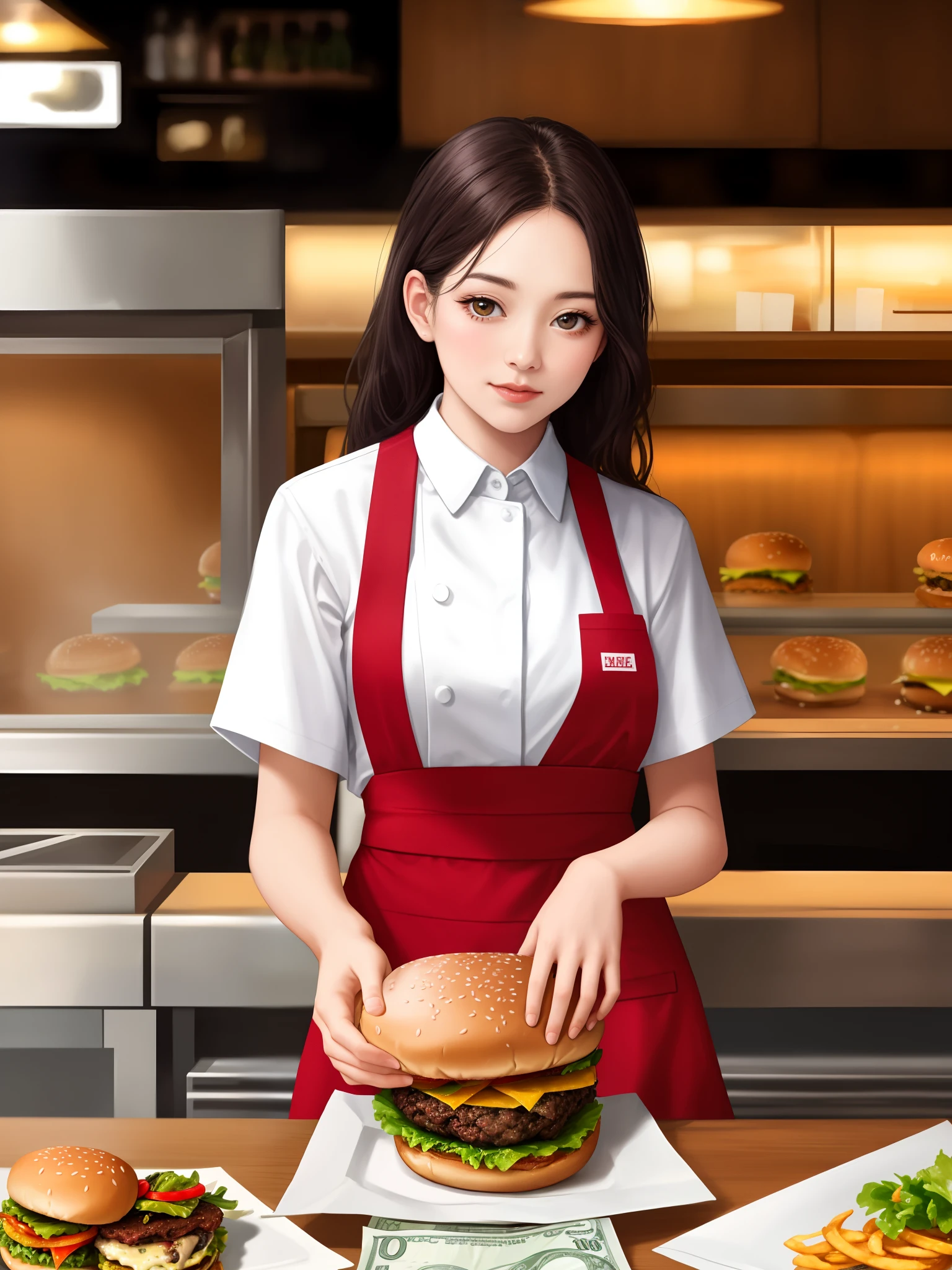 2.5D, delicate and dynamic, sexy pretty fast food worker, background drive-thru