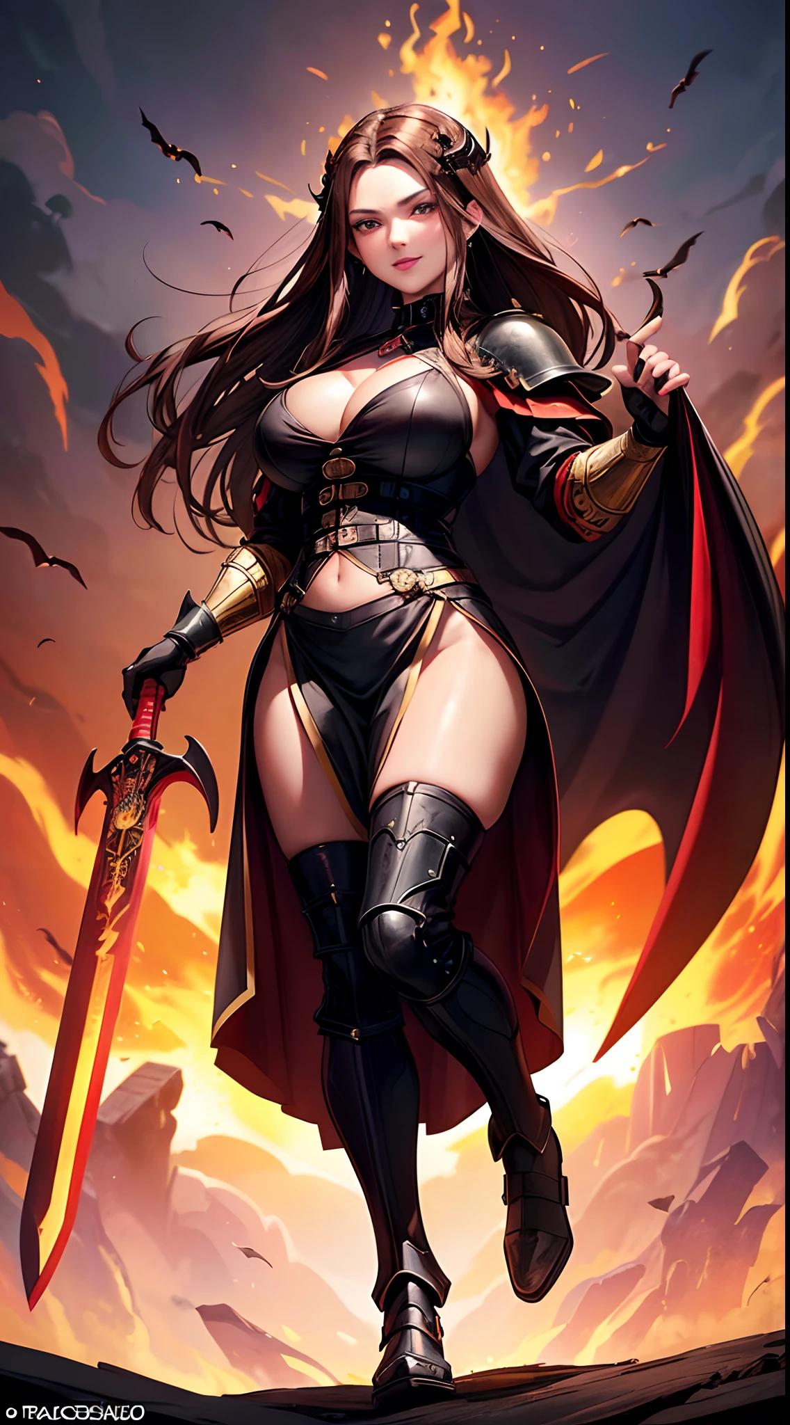 masterpiece, (a beautiful young Caucasian woman of 30 years old), with (brown hair), (brown skin), (brown eyes) and a (pretty purple lip smile) looks at the camera. The woman shows her (full body of her) and wears a ((red medieval armor, in the style of Dracula from Francis Ford Coppola's film)), under the armor she shows a black outfit . The woman shows ((large black bird wings engulfed in flames)). Hers ((pose is defiant and sexy)) hers. In one of her hands she has a ((sword engulfed in flames)). The background of the image shows an ((idyllic and fantastic Scandinavian style landscape with a medieval touch)).