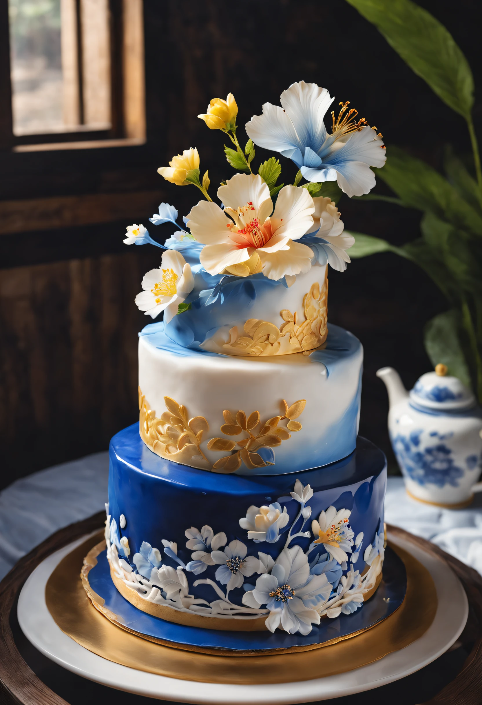 （Cake on a plate） ，Blue and white design, cake art, Blue, White and gold, Jelly cake, Blue and white clothes, The edge of the cake，Complex pastry-making techniques，Delicate lace loops were made。These laces are predominantly golden yellow and red，It is inlaid with a variety of small and delicate cherry blossoms and hibiscus flowers，Add rich color and texture to cakes，At the same time, It also symbolizes China's prosperity and abundance。chinese blue and white porcelain, Cake sculpture
Add a little background: Dark blue,close up photograph,Photography,a beautiful painting by Tan Yin,Alphonse Mucha,Ukiyo-e art,,Masterpiece,Chinese painting,dripping paint,author：nobuyoshi araki, author：paul barson,Mellow Atmosphere,Calm atmosphere,Depth of field (degrees of freedom),Close up,gentle illumination, --AR 9:16 --style raw --upbeta3D rendering