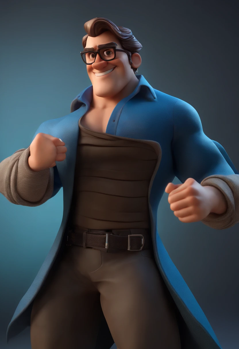 Cartoon character of a man wearing black glasses and a blue shirt, um personagem animado, Caractere estilizado, animation style rendering, 3D estilizado, Arnold Maya render, 3 d render stylized, toon render keyshot, Personagem 3D, Personagem 3D, 3d rendering stylized, 3 d character render, personagem de desenho animado, Personagem de close up, Pose de personagem, (Estilo Pixar) (master part:1.2) (Bokeh) (best quality) (pele detalhada) (textura detalhada) (8k) (argila) (Cinematic lighting) (foco nítido,Senta e vaza a parte superior do corpo