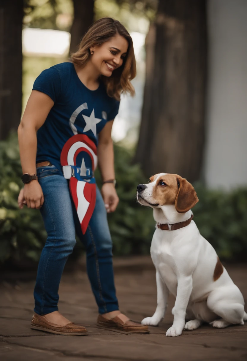 Pixar. Casal com um filhote de cachorro beagle marrom. A menina tem os cabelos loiros amarrados, Captain America T-shirt and light jeans, olhos claros. O menino de cabelos pretos , barba pequena, olhos castanhos, Dark blue jeans and Captain America t-shirt. They are both smiling and are in their 20s
