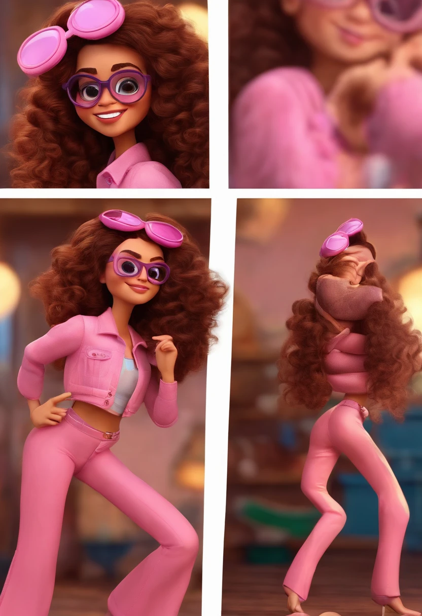 Pixar style image with 3D character pink aviator style glasses, com soreiso com.covinhas, Brunette woman long curly hair dancing, Maquiagem Disney,Pescador, bonitinho, sorridente ,Close-up, Pixar, Disney, Cinema lighting,