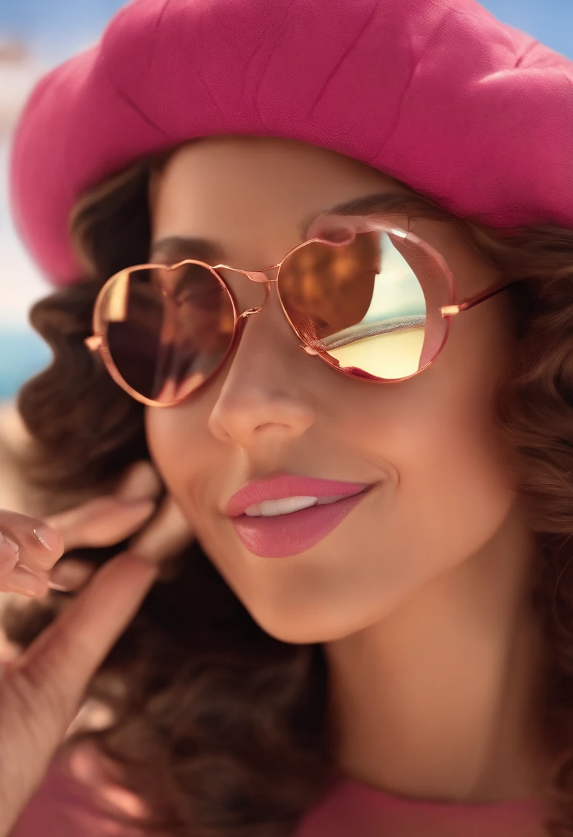 Pixar style image with 3D character pink aviator style glasses, com soreiso com.covinhas, Brunette woman long curly hair dancing, Maquiagem Disney,Pescador, bonitinho, sorridente ,Close-up, Pixar, Disney, Cinema lighting,