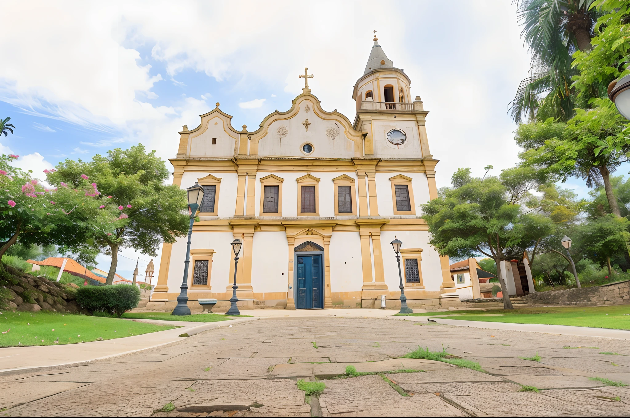 Arafed view of a church with a bell tower and clock tower, estrela paulo, catedral da igreja, bispo do rosario, igreja, city of Armenia Quindio, salvador, Beautiful image, estrela, Preserved history, Shutterstock, Directed by: Xavier Blum Pinto, Directed by: Carlos Francisco Chang Marin, Tlaquepaque, historical, xerez, historical setting