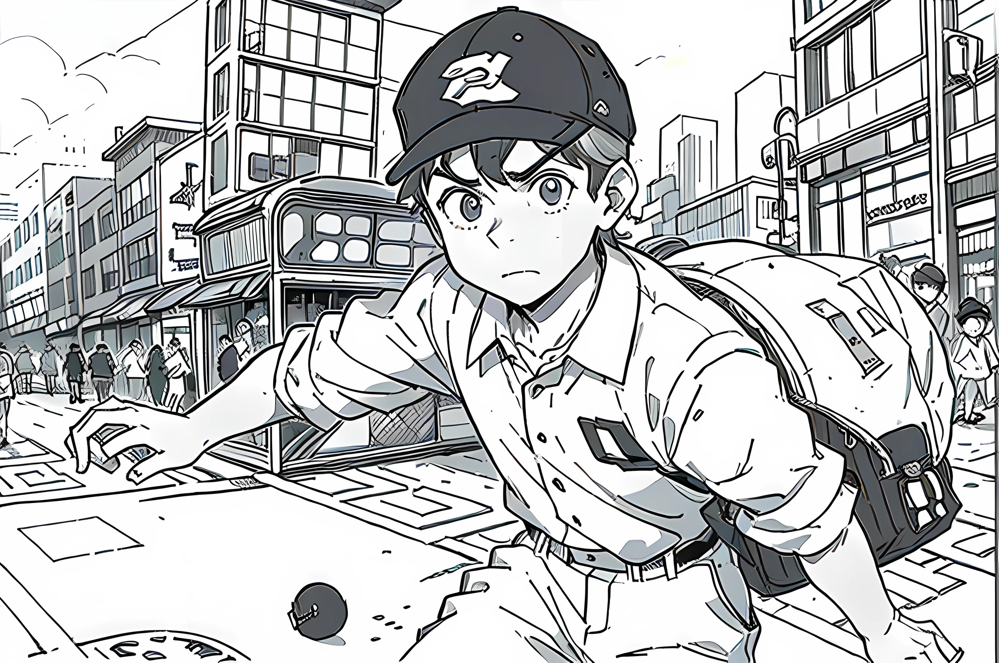 a young man delivering a package, a deliveryman uniform with a collared shirt, backpack, and baseball cap, holding a cardboard box, outdoors, urban environment, dodging pedestrians on a crowded busy street, running, (determined expression), urgency, manga style, manga, black and white
