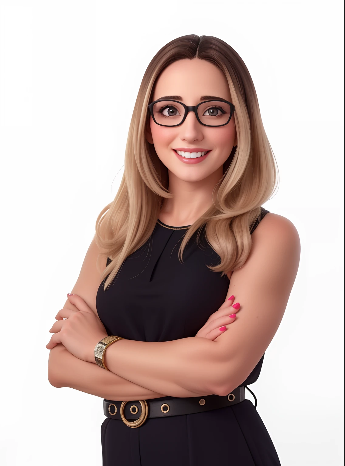 Uma mulher de 30 anos, com cabelos castanhos cumpridos, Rosto redondo, rosto redondo com sorriso encantador, e olhos castanhos, wearing glasses. TV presenter looking at the camera