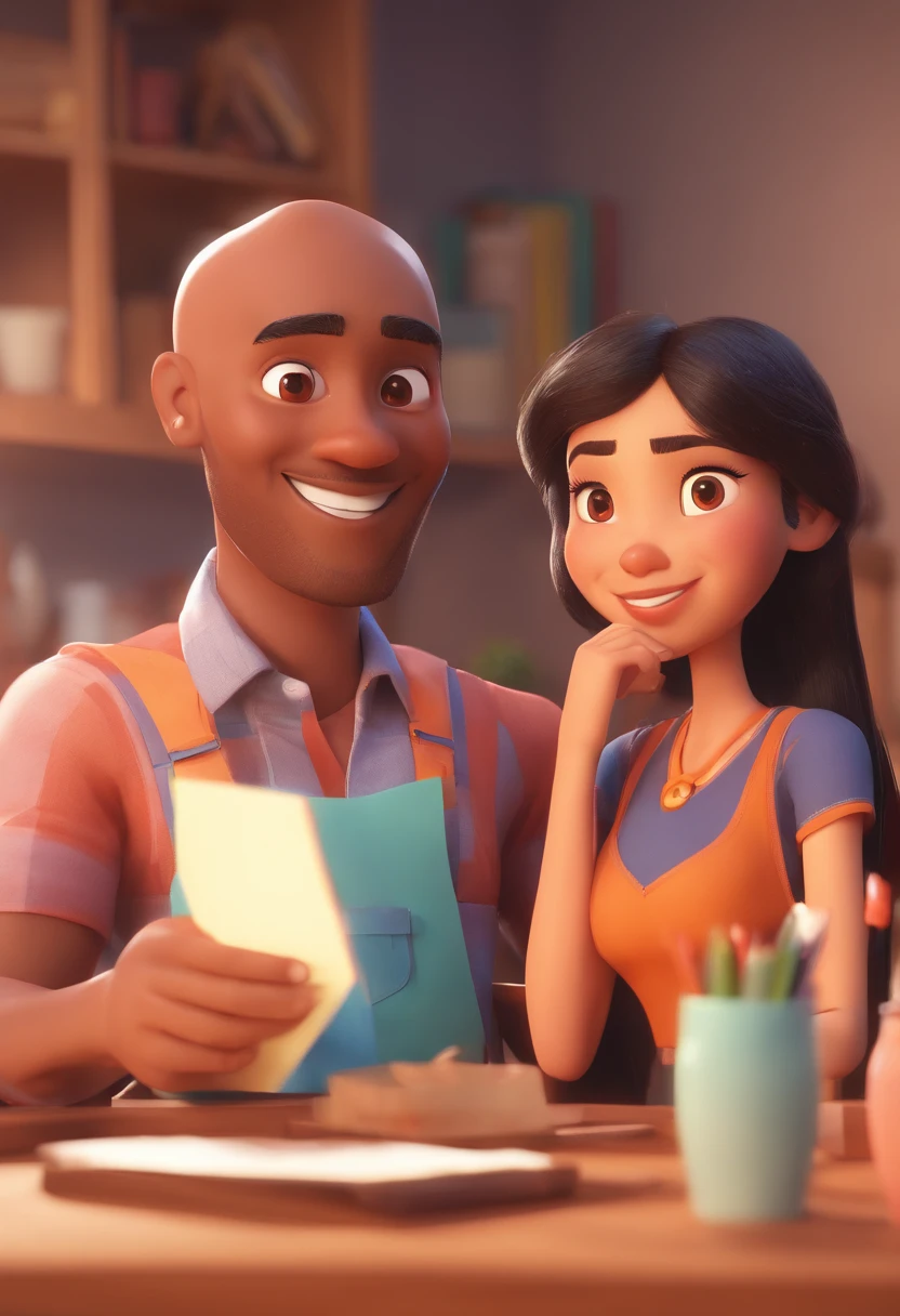 An illustration of an adorable couple, destacando um homem e uma mulher com bonito, Expressive eyes – the man's skin is black and the man's hair is bald and black, while the woman's skin is black and the woman's hair is curly and brown. They are a bright room, cada um com um sorriso no rosto, e compartilhar um momento especial caracterizado pelo amor, arroz, e insights educacionais. Illustrate this scene from a perspective where they are facing away from the camera, Showing Your Connection. Desenvolva esta arte em Full HD, Focus on your cinematic touch, Estilo Disney Pixar Animations