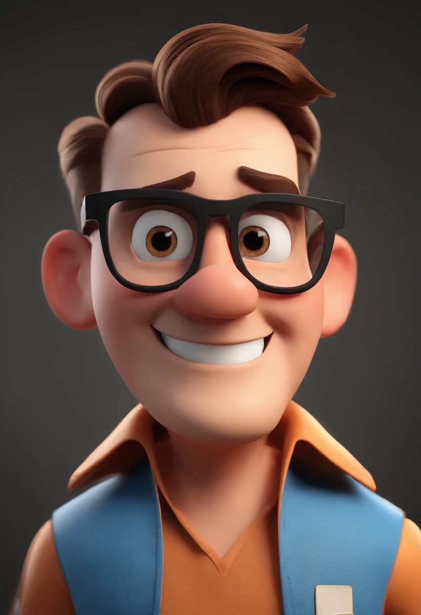 Cartoon character of a man wearing black glasses and a blue shirt, um personagem animado, Caractere estilizado, animation style rendering, 3D estilizado, Arnold Maya render, 3 d render stylized, toon render keyshot, Personagem 3D, Personagem 3D, 3d rendering stylized, 3 d character render, personagem de desenho animado, Personagem de close up, Pose de personagem, (Estilo Pixar) (master part:1.2) (Bokeh) (best quality) (pele detalhada) (textura detalhada) (8k) (argila) (Cinematic lighting) (foco nítido，Senta e vaza a parte superior do corpo