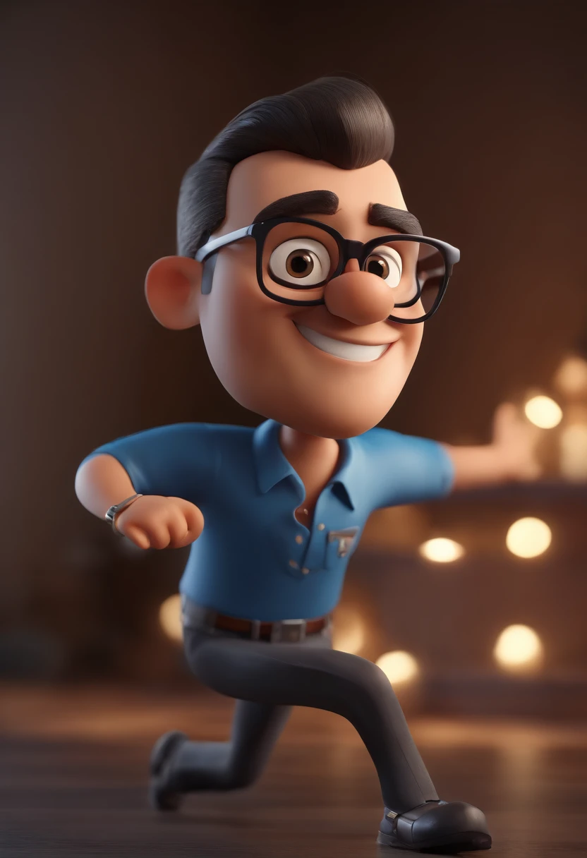 Cartoon character of a man wearing black glasses and a blue shirt, um personagem animado, Caractere estilizado, animation style rendering, 3D estilizado, Arnold Maya render, 3 d render stylized, toon render keyshot, Personagem 3D, Personagem 3D, 3d rendering stylized, 3 d character render, personagem de desenho animado, Personagem de close up, Pose de personagem, (Estilo Pixar) (master part:1.2) (Bokeh) (best quality) (pele detalhada) (textura detalhada) (8k) (argila) (Cinematic lighting) (foco nítido，Senta e vaza a parte superior do corpo