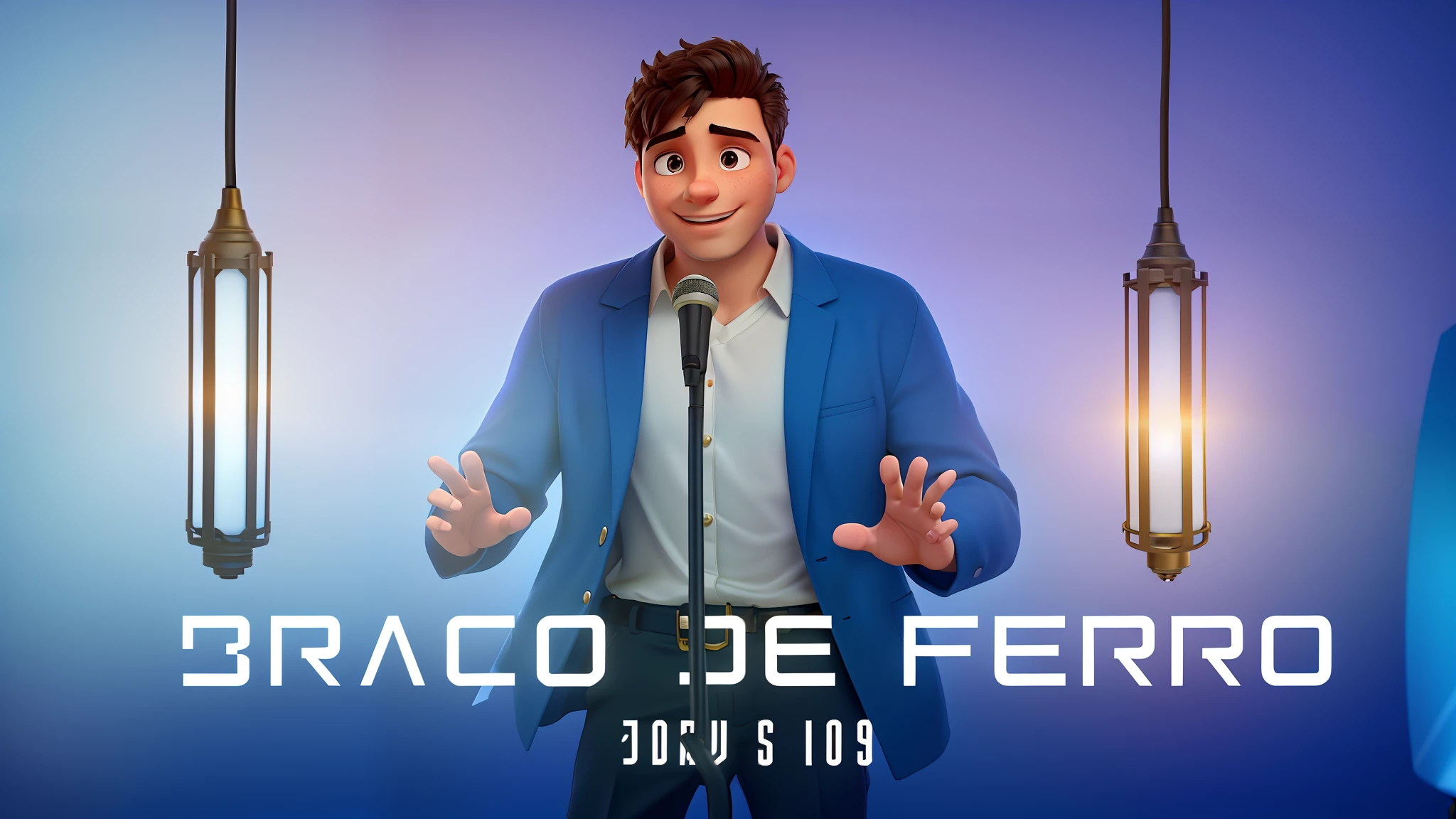 Um homem jovem sentado de frente, illuminated by the light of two thin lamps hanging from the ceiling, against a blue backdrop inside a recording studio with a gold-colored microphone in front of him and his hands half raised in a gesture of praise