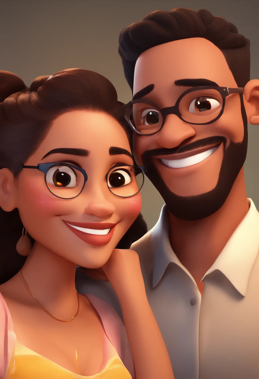 An illustration of an adorable couple, Highlight for a chubby mulatto man with glasses smiling and a brunette woman with beautiful expressive eyes - the man's skin is mulatto and the man's hair haswhile the woman's skin is black and the woman's hair is straight and brown. They are a bright room, cada um com um sorriso no rosto, e compartilhar um momento especial caracterizado pelo amor, Insights. Illustrate this scene from a perspective where they are facing the camera, Smiling and Showing Your Connection. Desenvolva esta arte em Full HD, Focus on your cinematic touch, Estilo Disney Pixar Animations
