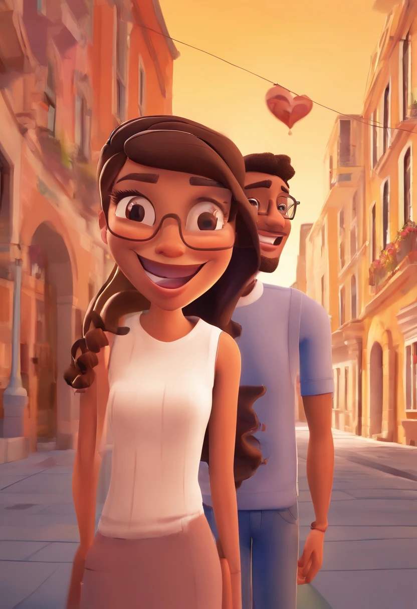 An illustration of an adorable couple, Highlight for a chubby mulatto man with glasses smiling and a brunette woman with beautiful expressive eyes - the man's skin is mulatto and the man's hair haswhile the woman's skin is black and the woman's hair is straight and brown. They are a bright room, cada um com um sorriso no rosto, e compartilhar um momento especial caracterizado pelo amor, Insights. Illustrate this scene from a perspective where they are facing the camera, Smiling and Showing Your Connection. Desenvolva esta arte em Full HD, Focus on your cinematic touch, Estilo Disney Pixar Animations