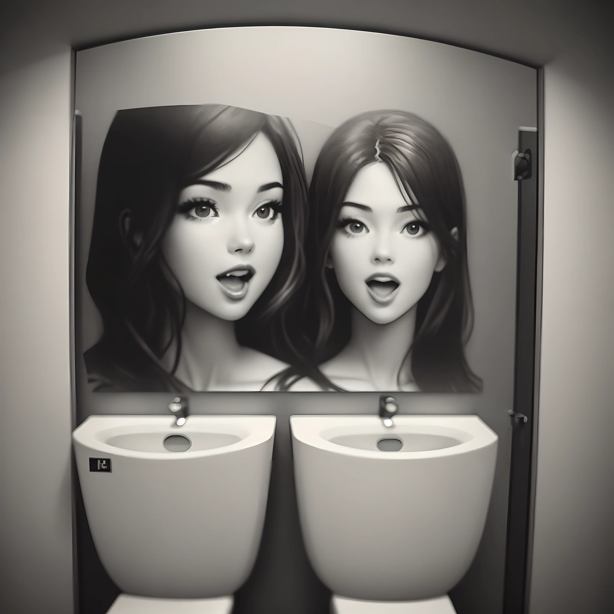 Men's restroom in a nightclub, In the middle of the wall hangs a urinal in the form of a woman's open mouth, Behind him, on the wall, is a drawing of the rest of the girl's face. The rest of the wall depicts silhouettes of sexy girls