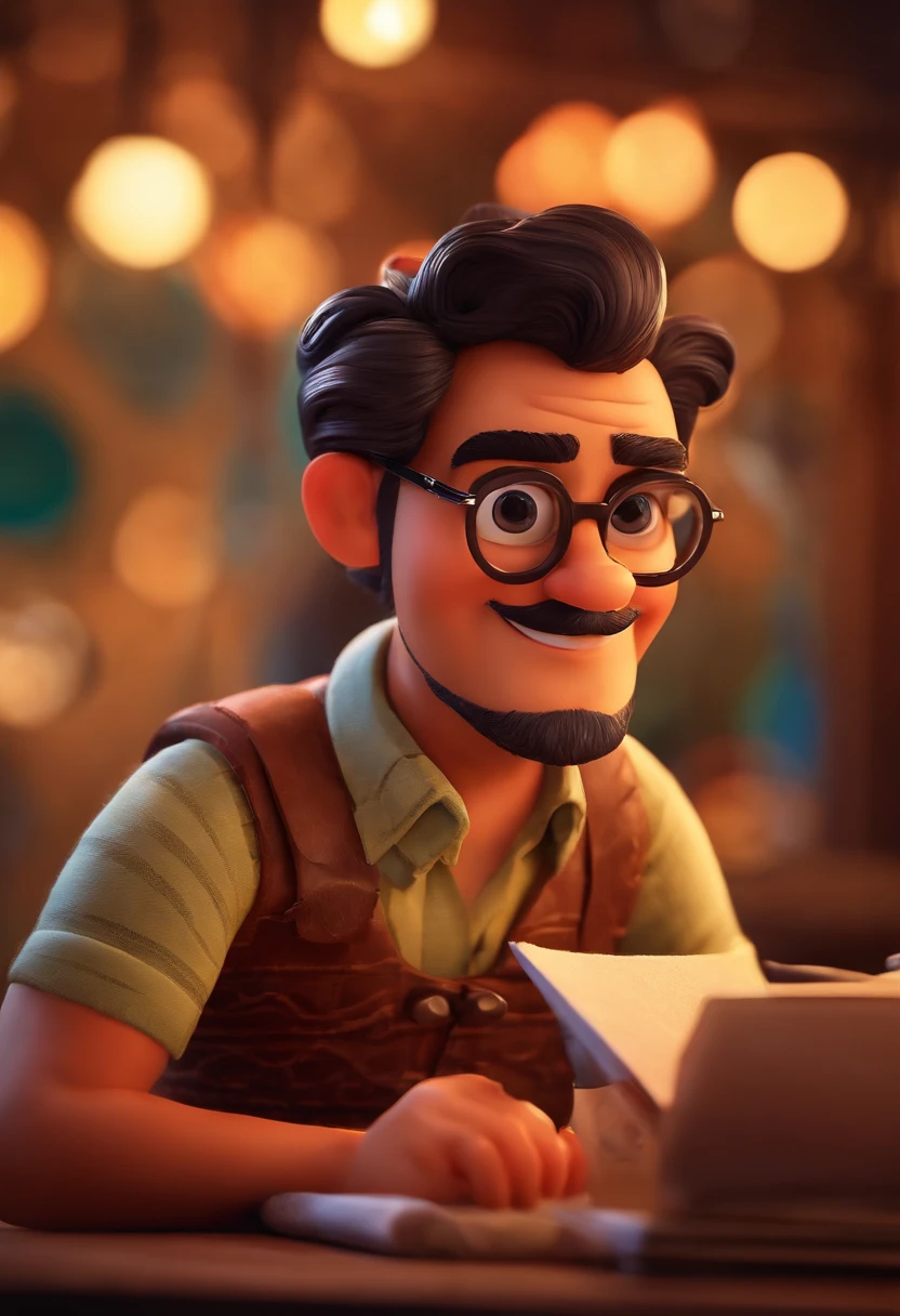 Imagem estilo Pixar com personagem 3D homem de barba grisalha de oculos escuro e camisa xadrez , Maquiagem Disney,Pescador, bonitinho, sorridente ,Close-up, Pixar, Disney, Cinema lighting,