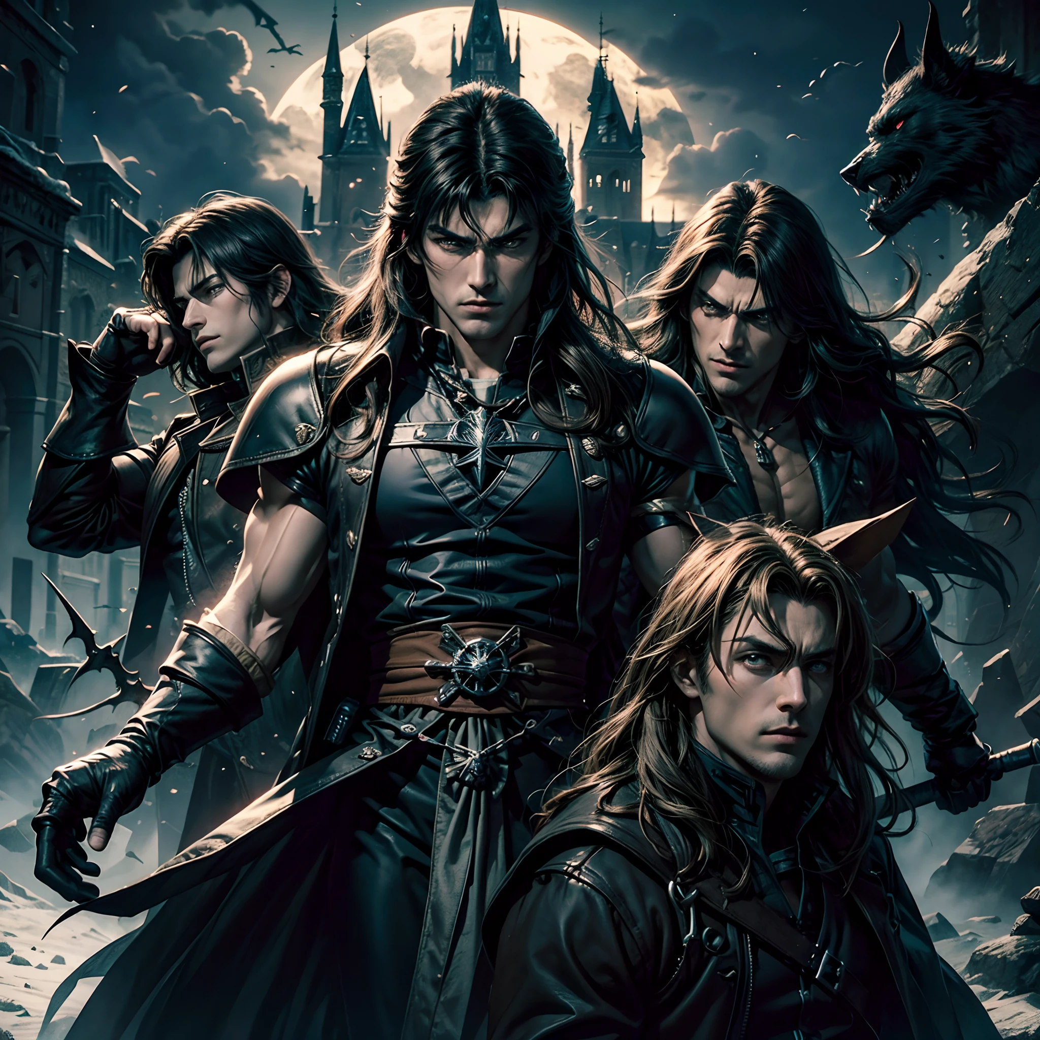 Castlevania seigneur de l’ombre musclé hokuto no ken kenshiro style hyper réaliste super détaillé plan dynamique pièce maîtresse scène cinématique scènes du seigneur Dracula menant des troupes armée de démons au combat pointu détails cinématique scènes film
