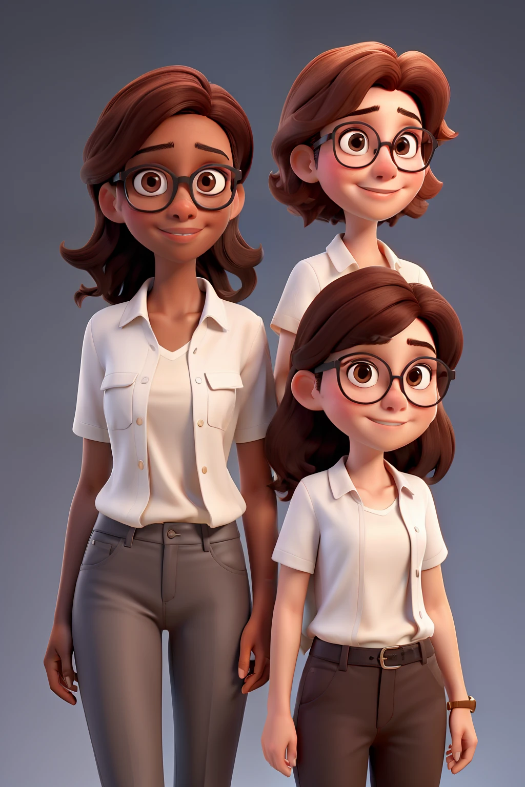 There are two women, one of whom is fair-skinned, has a rosy cheek and straight, brown hair, and wears glasses, looks like a model, He's wearing a white shirt. The other has straight black hair with fair skin and is wearing a white shirt as well, both are side by side