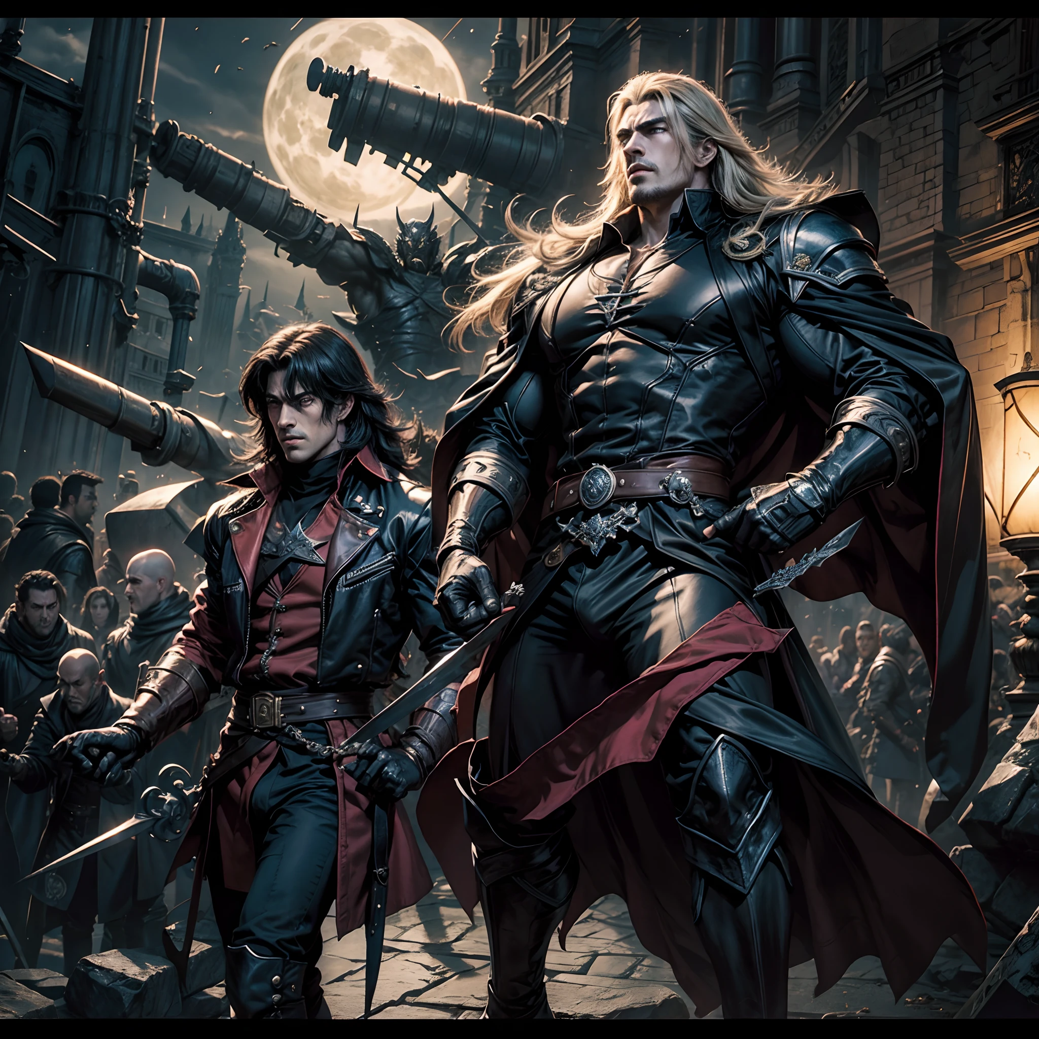 Castlevania seigneur de l’ombre musclé hokuto no ken kenshiro style hyper réaliste super détaillé plan dynamique pièce maîtresse scène cinématique scènes du seigneur Dracula menant des troupes armée de démons au combat pointu détails cinématique scènes film