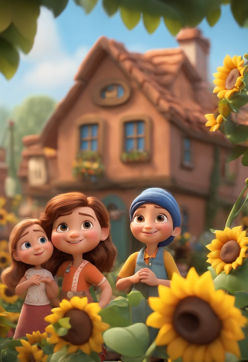 Create a Disney PIXAR-style 3D poster. ((centro da imagem, Triplets)), ((3 )) ((1 menino no meio e 2 meninas ao lado, They're hugging each other, O menino tem pele castanha e cabelos castanhos escuros e olhos castanhos escuros, 1 menina tem pele clara, olhos e cabelos escuros e cacheados, e a outra menina tem pele morena, olhos escuros e cabelos escuros e lisos)) ((tudo isso no estilo Disney PIXAR 3D, In the background, A house of sunflowers, Gloria Studio, The garden is full of nature 3D render RTX clay material, estilo de design cartunesco, POP Mart, soft lighting, linhas suaves, Spring tilt, Detailed illustrations of PIXAR 3D, Detalhes hiper-realistas, cor quente no estilo Disney PIXAR 3D))