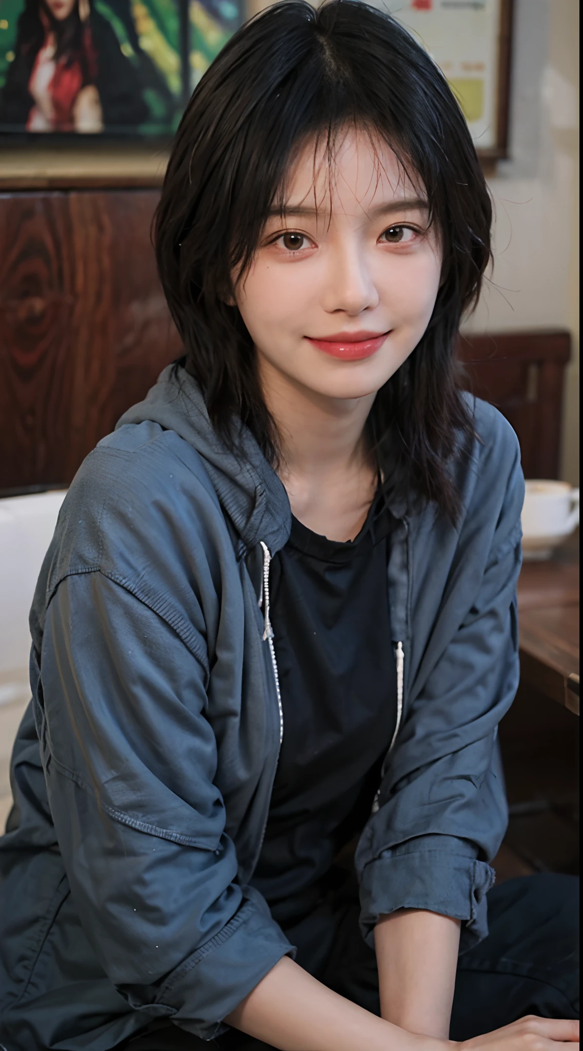 8K, Best Quality, Masterpiece, Ultra High Resolution, (Realism: 1.4), Original Photo, (True Skin Texture: 1.3), (Film Grain: 1.3), (full body), 1 Girl, Beautiful Emerald Gemstone Eyes and Delicate Face Details, Black hoodie jacket, denim short, Masterpiece, Best Quality, Close-up, Upper Body, Looking at the Viewer, sitting, inside cafe, short hair, smile