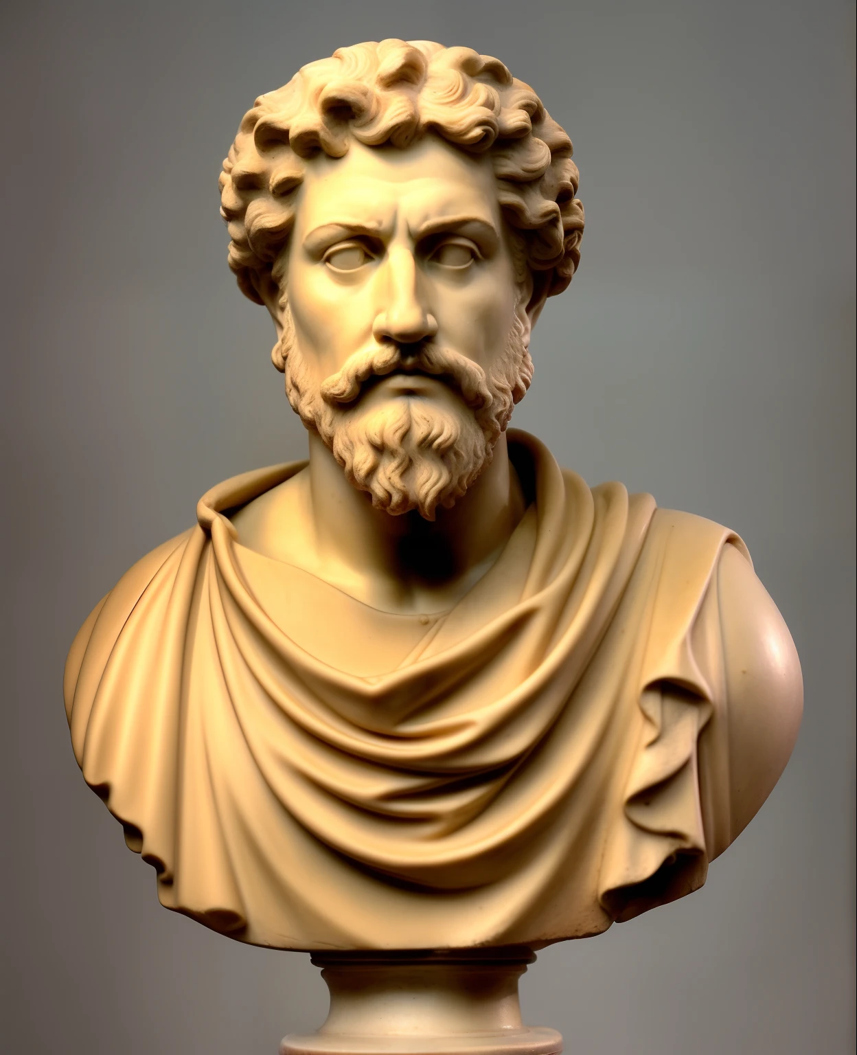 a close up of a bust of a man with a beard, stoicism, stoic, stoic pose, stoic facial expression, roman emperor, stoic face, stoic and calm, stoic attitude, ancient rome man, inspired by Pietro Testa, godlike and stoic, roman toga, bust of hercules, roman sculpture