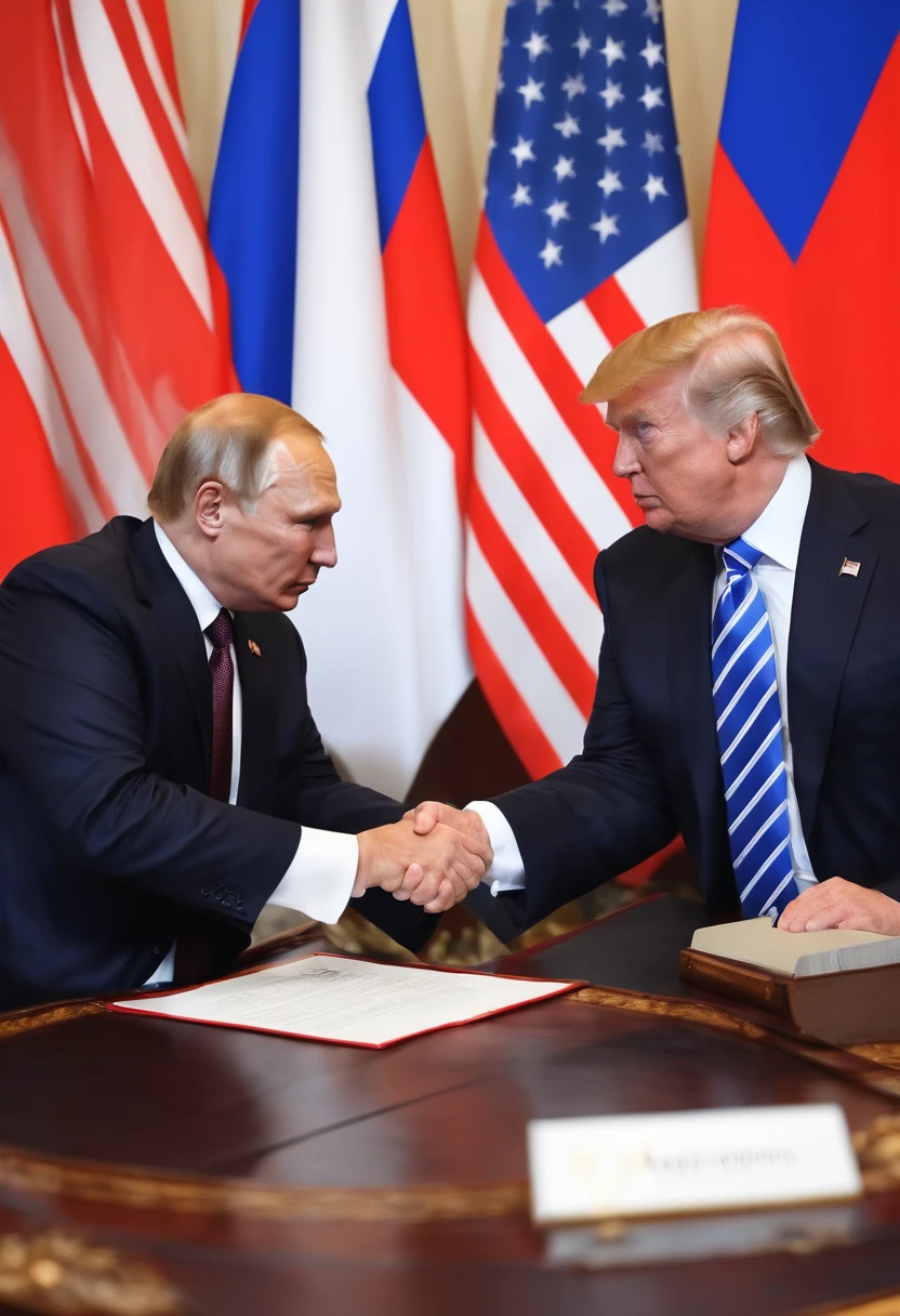 donald trump shaking hands with vladimir putin in front of a giant russian flag