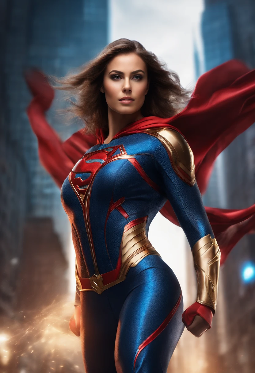 a girl dressed in a tight superhero suit, extremely detailed suit design, powerful and confident, dynamic pose, shining armor, flowing cape, intense and vivid colors, professional studio lighting, realistic rendering:1.3, high-res image, sharp focus, glossy and metallic texture, urban cityscape background, dramatic lighting, superhero emblem on the chest, striking mask with detailed eye area, muscular physique, athletic build, vibrant and energetic, action-packed scene, dynamic movement, heroic and determined expression, intense eyes, flowing hair, high-tech gadgets and weapons, super strength and agility, flying in mid-air, saving the day.