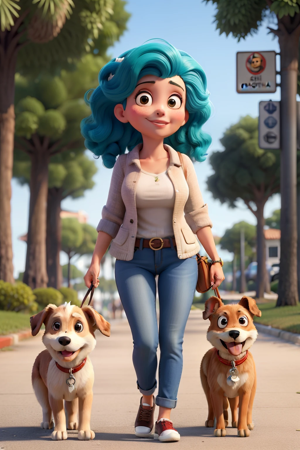 Garota de cabelos escuros, longos e lisos, veste casual passeando com seu cachorro maltes na cidade
