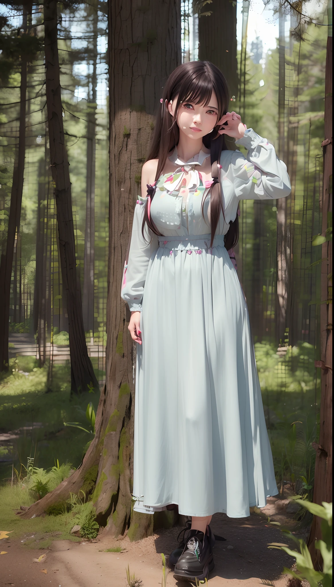 In the forest, a woman with a backpack and a dress, photorealistic anime girl render, 3 d anime realistic, smooth anime cg art, realistic young anime girl, detailed portrait of anime girl, artwork in the style of guweiz, kawaii realistic portrait, realistic anime 3 d style, anime realism style, photorealistic anime