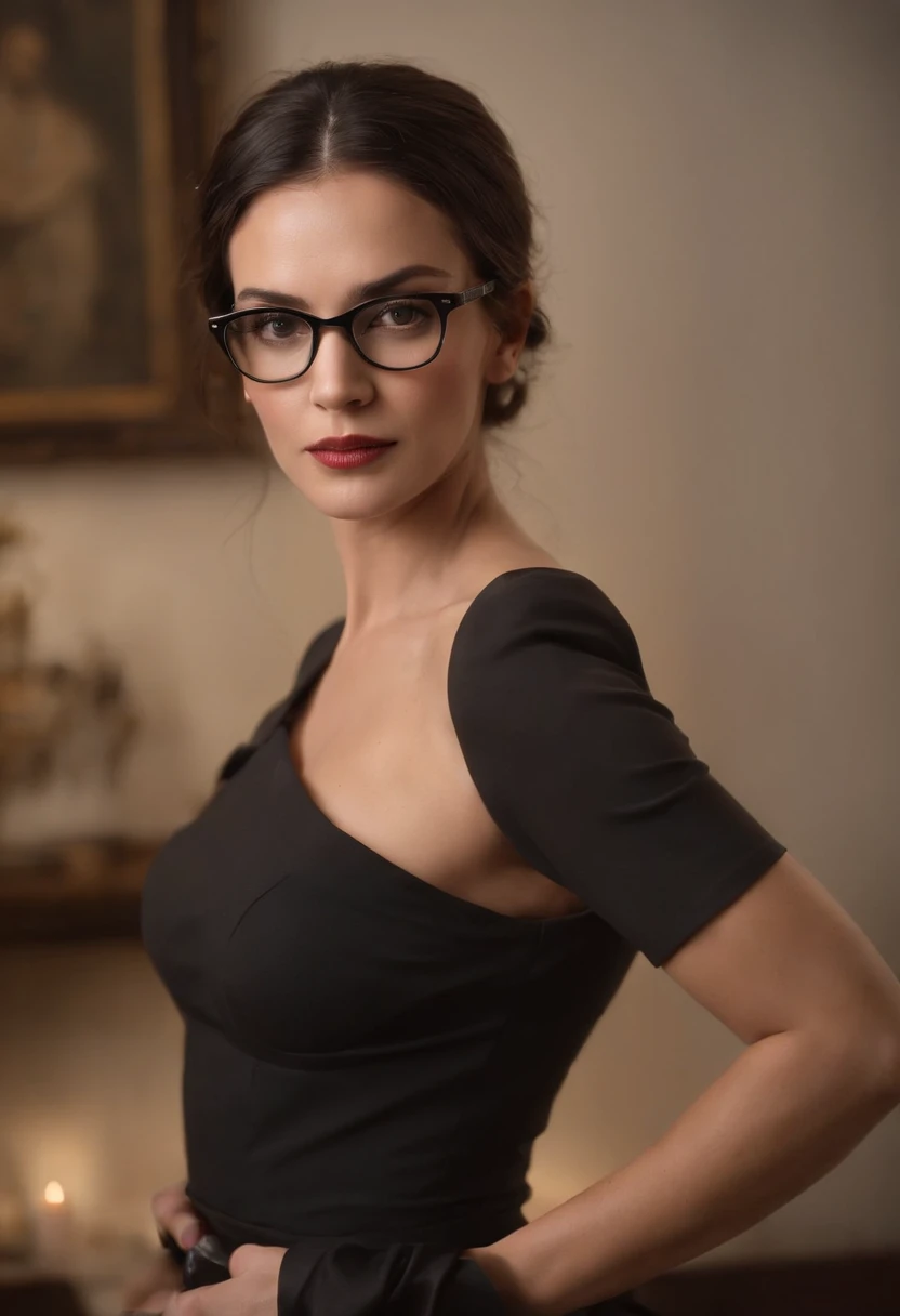Professional, High level of detail, close up photo (attractive 45yo woman:1.3), long black hair, tied u eyes, (off shoulder red maxi dress, no bra)1.455,ray tracing, natural lighting, (seductive:1.1), (blushing:1.1 ), (classy, elegant, dandy)1.2, (round big breasts)11.3, (toned body, hourglass body shape) (wipe hips), (full body with visible face and eyes)1.5, glasses, earnings, at school library, sit down, necklace, tattoo on breast, hand in pocket, et