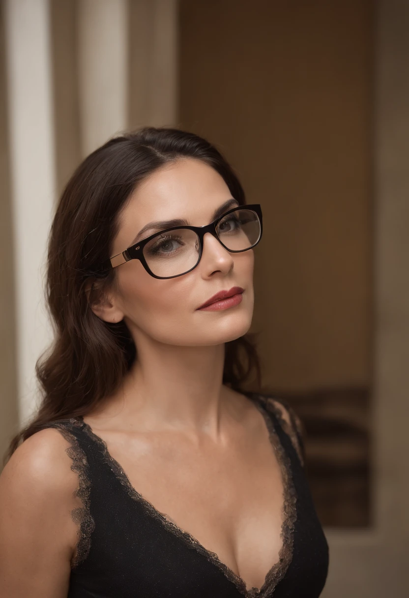 (((uma ferida avermelhada profunda atravessa sua bochecha esquerda))) tez justa, mulher em torno de 50 anos, cabelos castanhos naturais, olhos castanhos, Wearing Black Rectangular Glasses, vestindo blaiser vermelho, slender and graceful, Beautiful, Candlelight in an ultra sharp focus art gallery, tiro realista, roupas femininas elegante, cores tetradicas (cicatriz:1.4)
