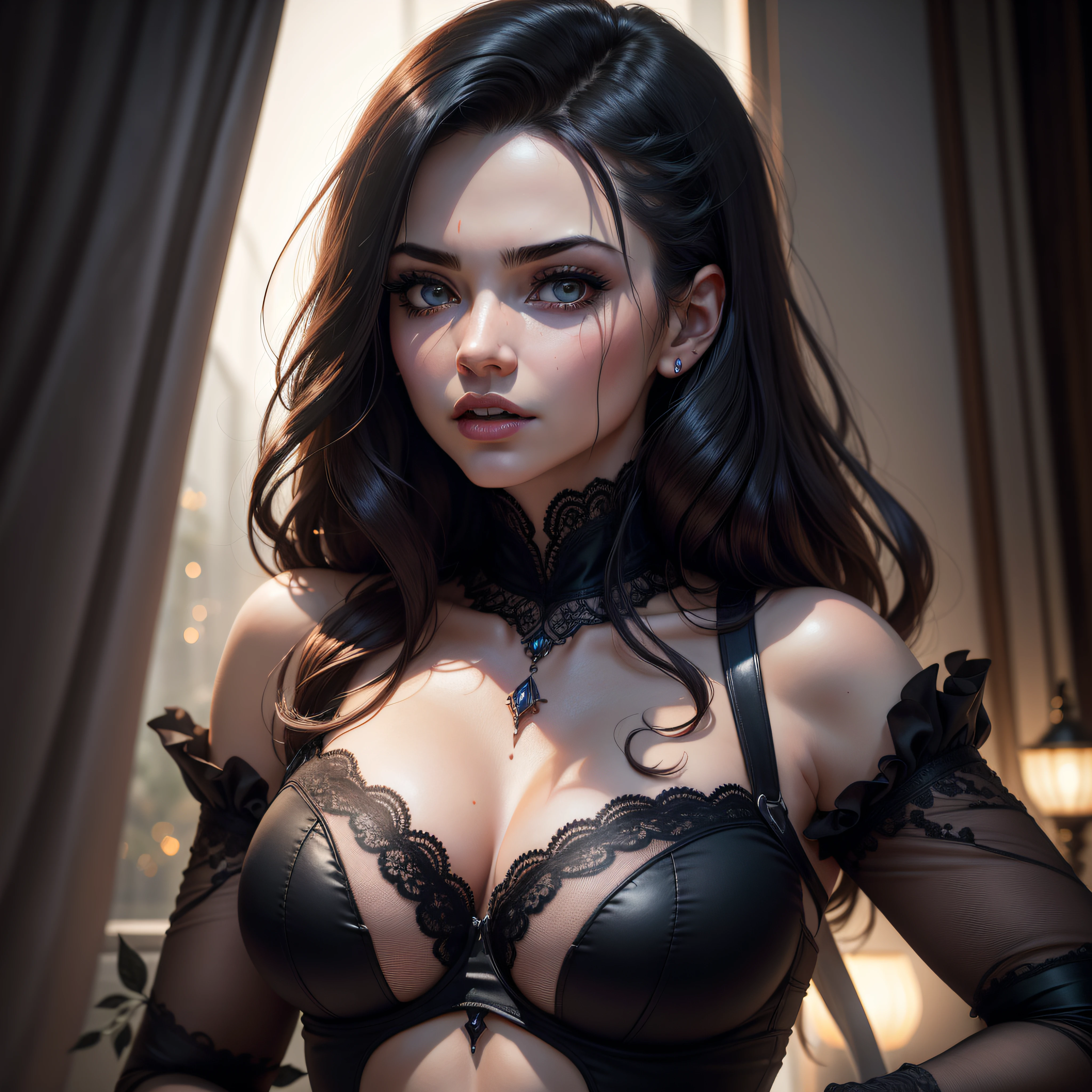 Create a photorealistic masterpiece by capturing the essence of a horror-inspired scene with a stirring, Hot Gothic Vampire Girl. (enquanto bebe um copo de vinstre-a com sangue no rosto e pingando de suas presas), Radiating evil and seduction. The scene takes place at night, Amidst thunder and lightning, com uma lua cheia ao fundo. Concentre-se em detalhes intrincados, particularmente em seu rosto, com olhos realistas e textura de pele hiper-detalhada. Que as presas sejam afiadas e pontiagudas, boca aberta de forma sedutora, but threatening. Use soft lighting to bring out your features and vibrant colors to create a visually striking composition. Incorporate a light bokeh effect for added allure. A atmosfera geral deve ser elegante, Evil, e cativante. Consider referencing the work of Greg Rutkowski for inspiration. no horror, terror, vida como, Realismo supremo, ir ao extremo com horror, Your hard pressure against your bra, so sexy, sangue escorrendo pelo rosto, sangue, Highly detailed lips, peitos realistas, Olhos realistas, sangue, no estilo de Stephen King, Ultra realismo, sagacidade um gato