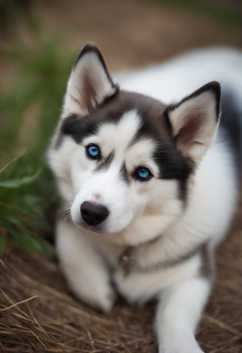 There's a white and brown dog lying on the ground, com olhos bonitos, husky, husky dog, Dog cute, aw, bela imagem de vira-lata, puppy, husky siberiano, extremamente bonito, beautiful and friendly eyes, super cute and friendly, r/aw, Detalhe extra, 2 4 mm ISO 8 0 0 cor, looking-into-camera, cara muito bonita