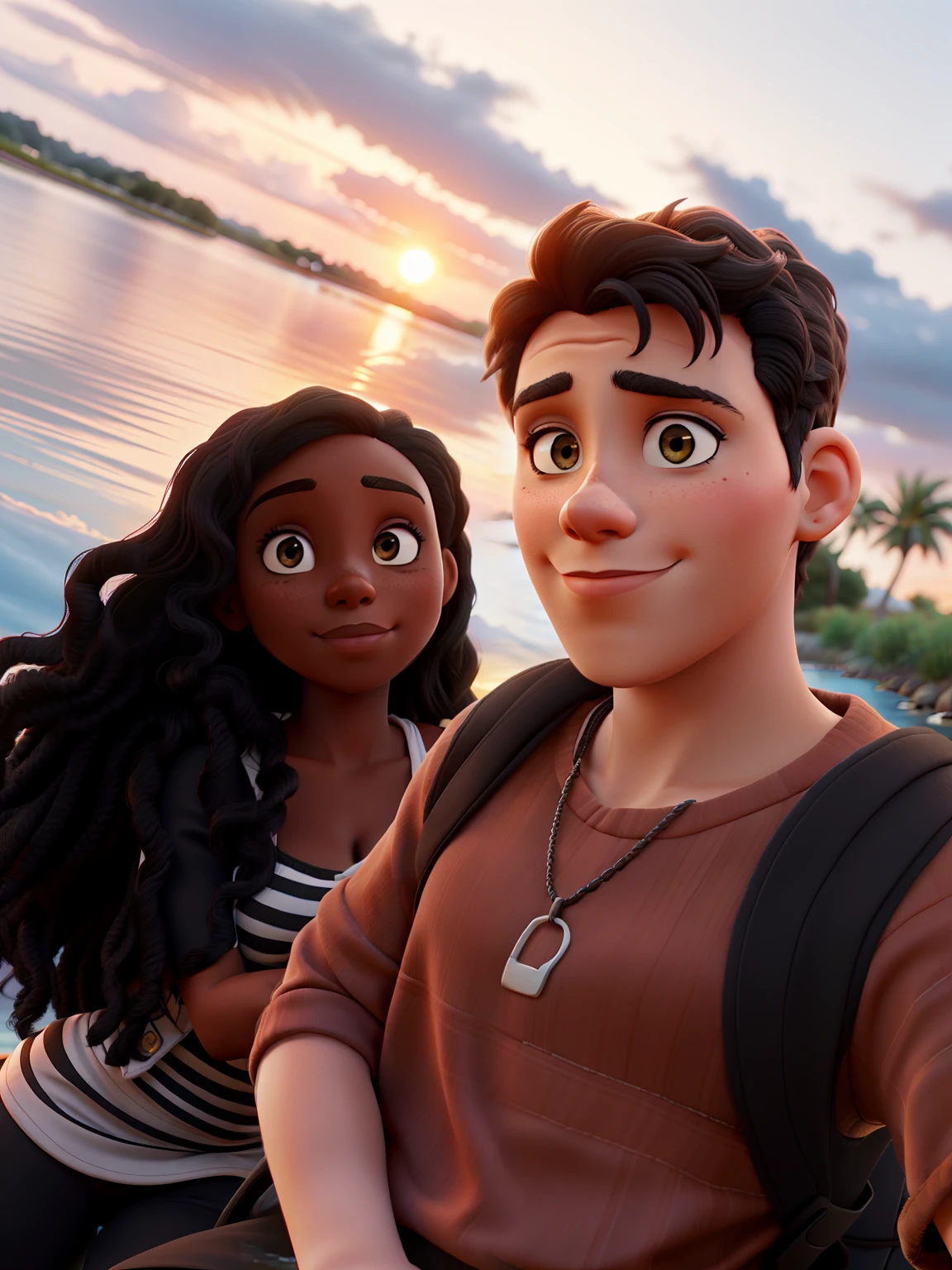 A black woman and a white man in front of a river with a sunset behind them