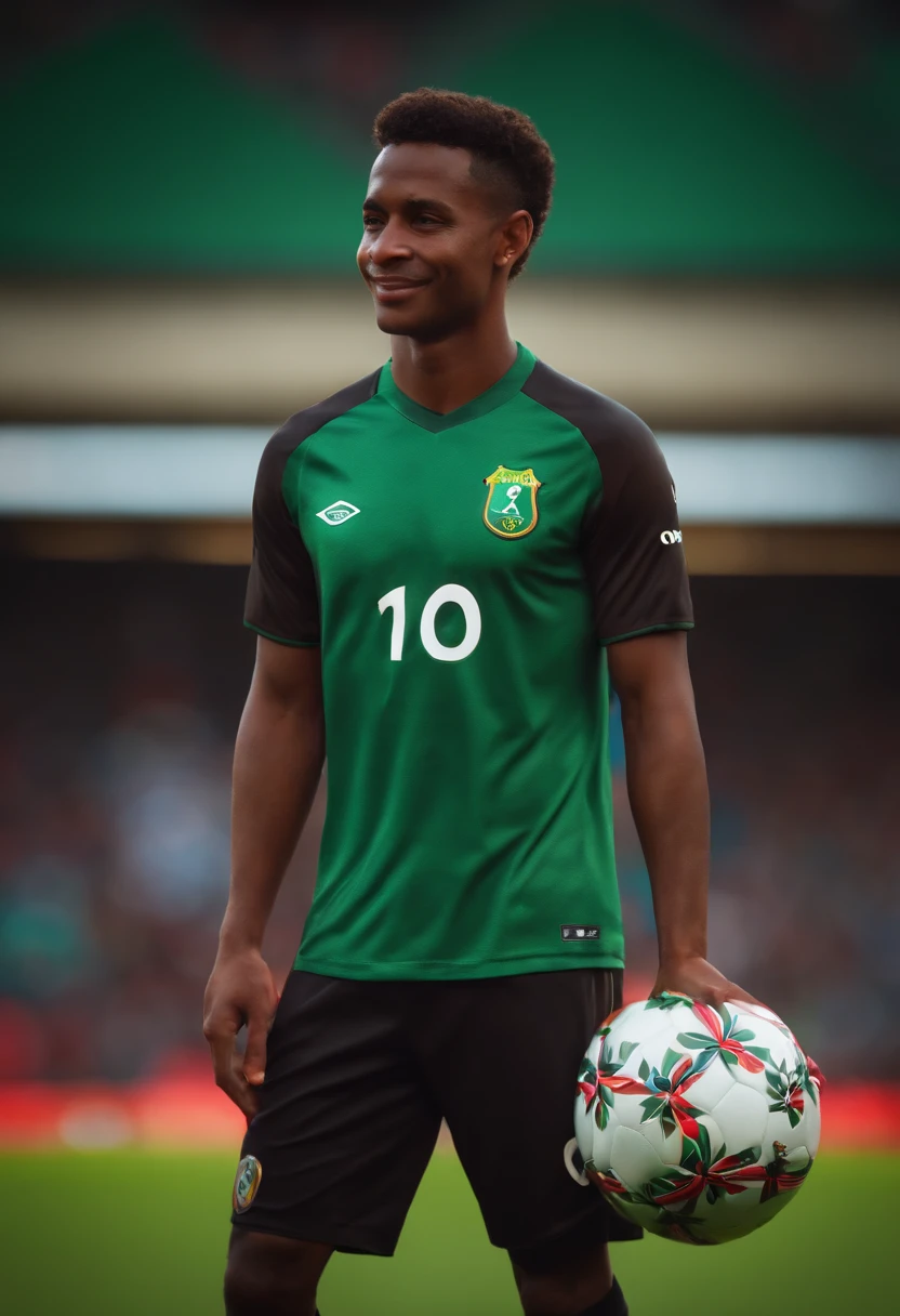 Garoto, estilo disney, tom de pele: branca:  Cabelo: marrom escuro, liso, ondulado e volumoso. camisa: do palmeiras. Fundo: Campo de futebol, sorrindo, feliz, (estilo pixar) (obra-prima:1.2) (bokeh) (melhor qualidade) (pele detalhada) (textura detalhada) (8k) (claymation) (cinematic lighthing) (foco nítido