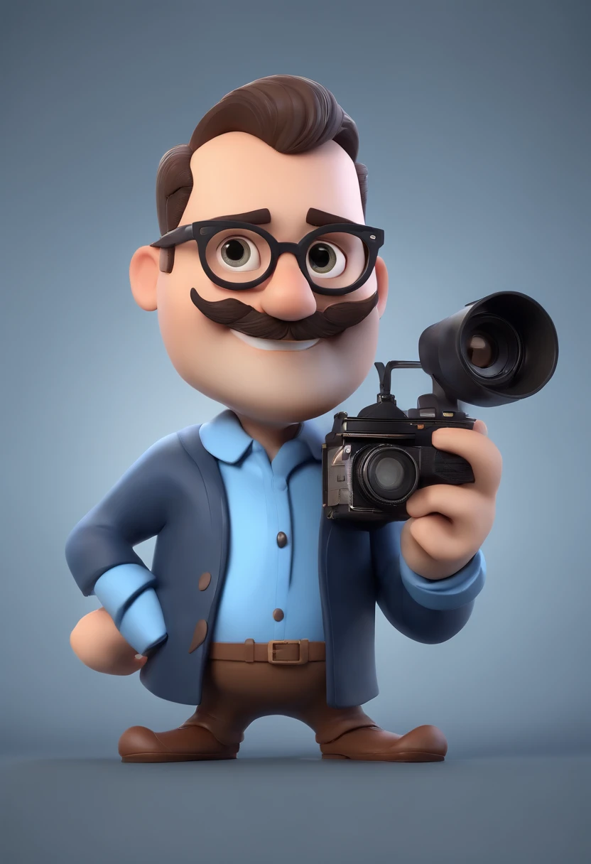 personagem dos desenhos animados de um homem de   barba pequena, Bald man with black glasses and a blue shirt and blue blazer, Holding a Canon brand photo camera Animation character, Caractere estilizado, animation style rendering, 3D estilizado, Arnold Maya render, 3 d render stylized, toon render keyshot, Personagem 3D, Personagem 3D, 3d rendering stylized, 3 d character render, personagem de desenho animado, Personagem de close up, Pose de personagem,  (Estilo Pixar) (master part:1.2) (Bokeh) (best quality) (pele detalhada) (textura detalhada) (8k) (argila) (Cinematic lighting) (foco nítido