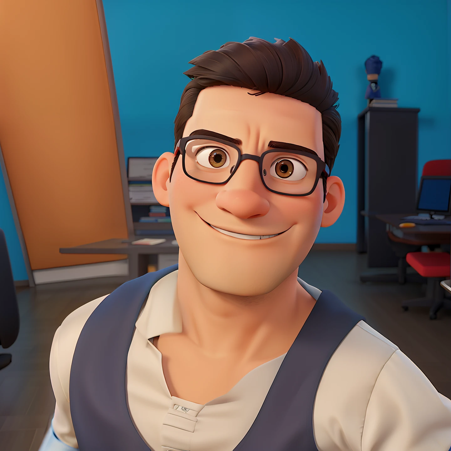 Glasses boy, Estilo Pixar, alta qualidade, Businessman's body and clothes, cabelo cacheado
