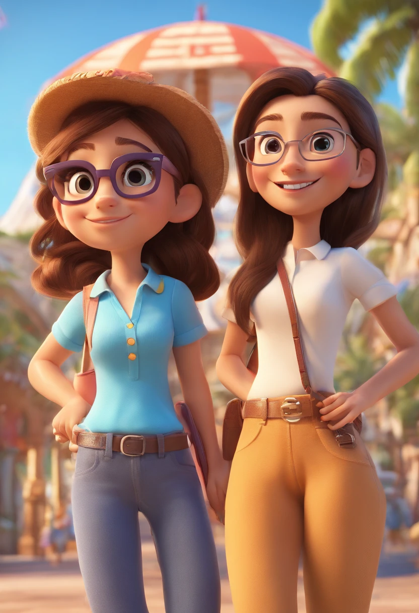 Cartoon of friends having fun on vacation together, 3D Animation Movie Poster, Poster de filme animado, pixar 3 d animation style, pixar renderman rendering, maia 8 mil, animated film, Disney Pixar Estilo 3D, amigos felizes saem juntos, all wearing light blue shirts and cream brown long pants, camisa azul clara, cream brown pants, ao ar livre, vacation, Disney Pixar Animation Poster