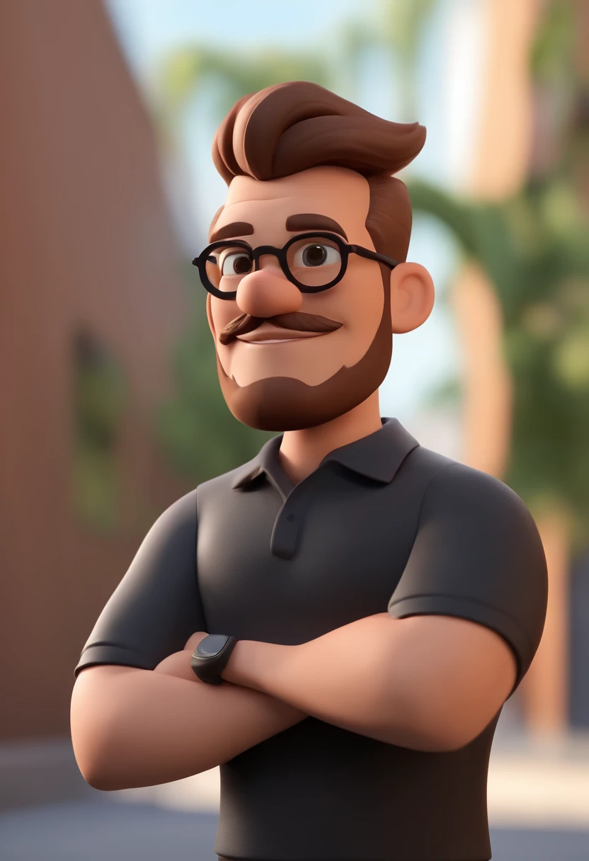 Cartoon character of a man with black glasses and a black polo shirt, cabelo liso, With beard and old school tattoo on his arm, animation character, Caractere estilizado, animation style rendering, 3D estilizado, Arnold Maya render, 3 d render stylized, toon render keyshot, Personagem 3D, Personagem 3D, 3d rendering stylized, 3 d character render, personagem de desenho animado, Personagem de close up, Pose de personagem, (Estilo Pixar) (master part:1.2) (Bokeh) (best quality) (pele detalhada) (textura detalhada) (8k) (argila) (Cinematic lighting) (foco nítido