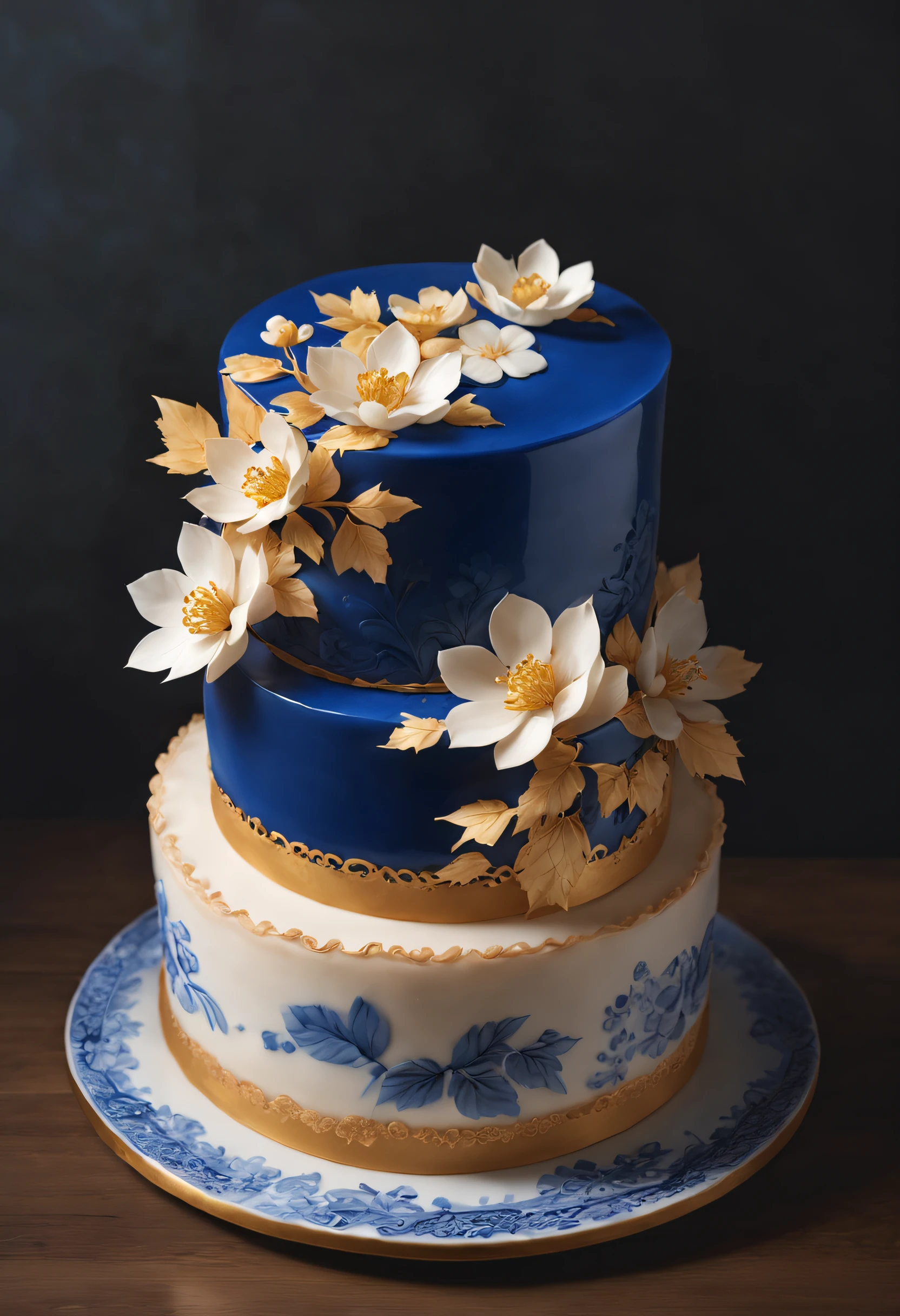 （Cake on a plate） ，Blue and white design, cake art, Blue, White and gold, Jelly cake, Blue and white clothes, The edge of the cake，Complex pastry-making techniques，Delicate lace loops were made。These laces are predominantly golden yellow and red，It is inlaid with a variety of small and delicate cherry blossoms and maple leaves，Add rich color and texture to cakes，At the same time, It also symbolizes China's prosperity and abundance。chinese blue and white porcelain, Cake sculpture
Add a little background: Dark blue,close up photograph,Photography,a beautiful painting by Tan Yin,Alphonse Mucha,Ukiyo-e art,,Masterpiece,Chinese painting,dripping paint,author：nobuyoshi araki, author：paul barson,Mellow Atmosphere,Calm atmosphere,Depth of field (degrees of freedom),Close up,gentle illumination, --AR 9:16 --style raw --upbeta3D rendering