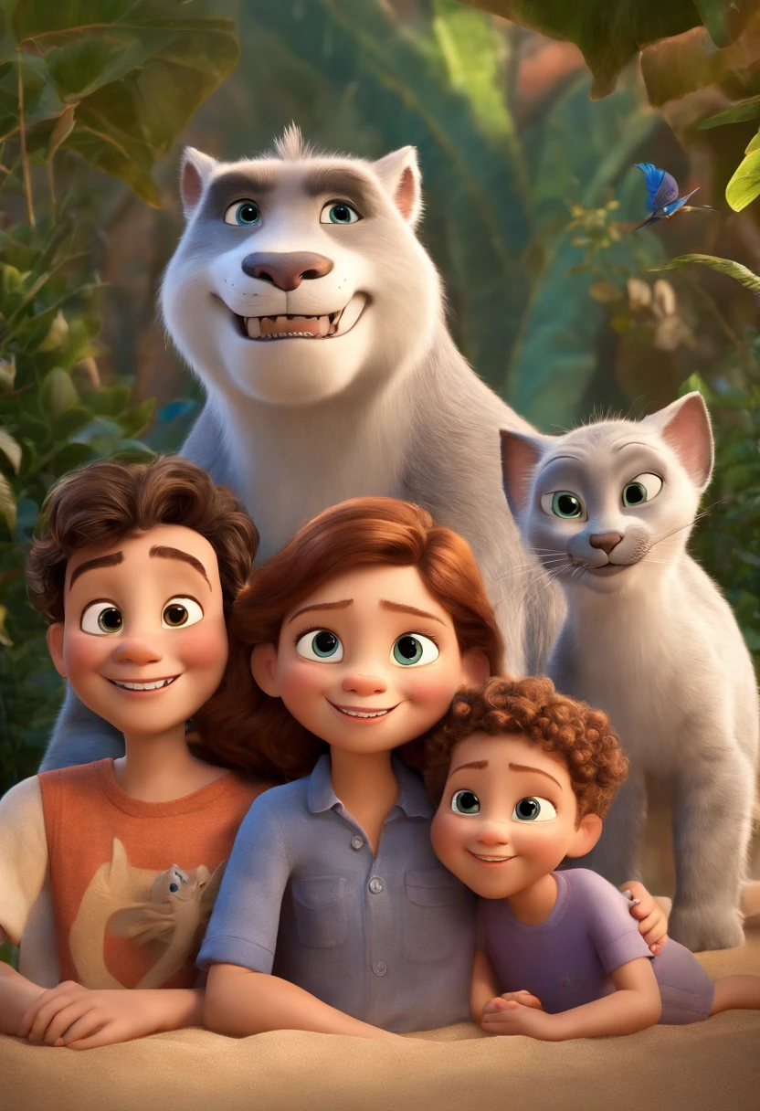 a Disney Pixar movie poster showing a white-skinned family. The father is the tallest, cabelos curtos e pretos, um pouco grisalhos. The mother has black eyes and black hair, na altura dos ombros. O menino tem 2 anos e cabelos loiros, usa camiseta do dino azul e segura o mascote do menino gato(TJ Masks). The background is a beach garden. 3D-rendering