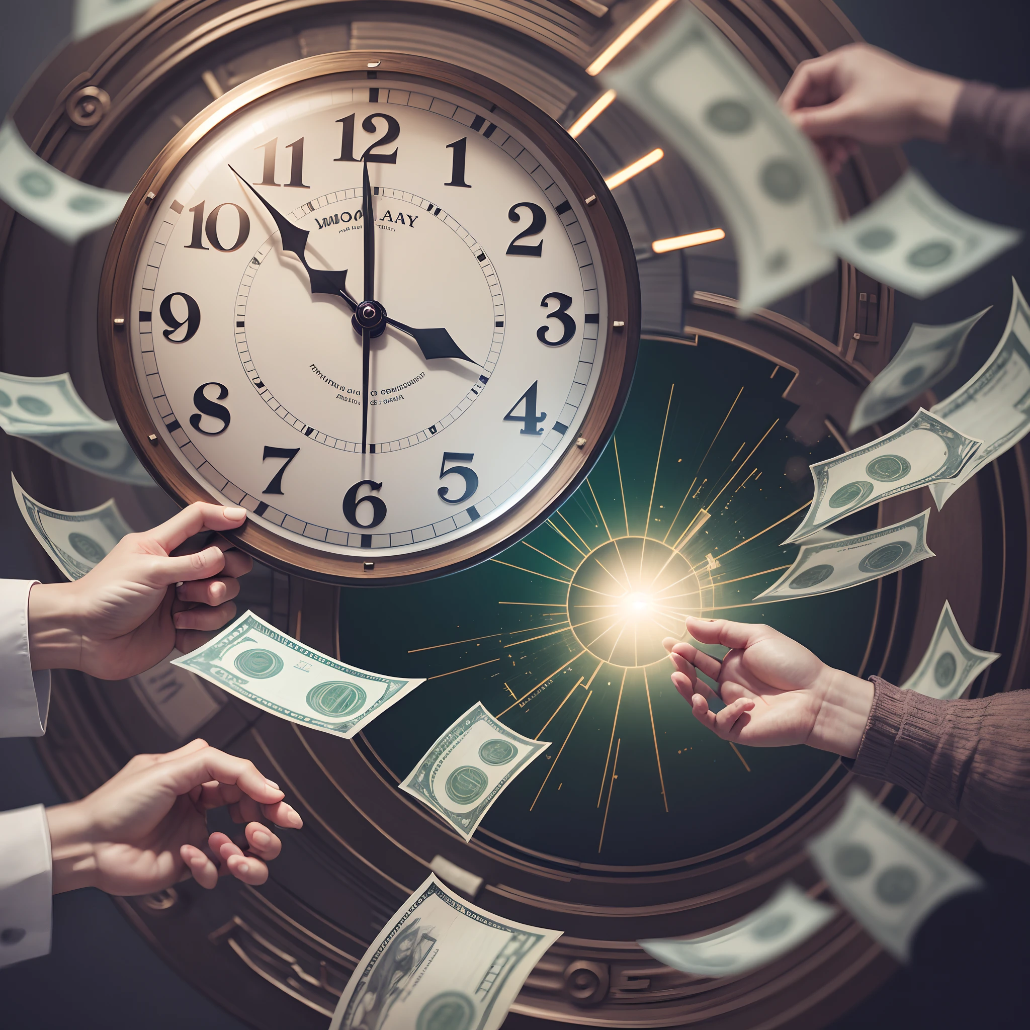 hands shaking, money flying arround, huge clock by the background, photography, 4k, photorealistic --auto --s2