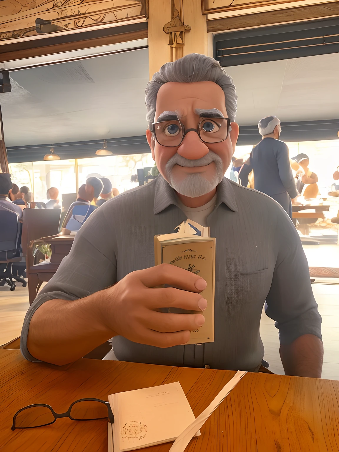 velho, inspirado na Disney Pixar, Inspirado pelo pastor ( Rubens Janeiro ) A gray-haired man wearing glasses in an office with a book on the table looking to the serious future, old man, cabelos grisalhos, um terno