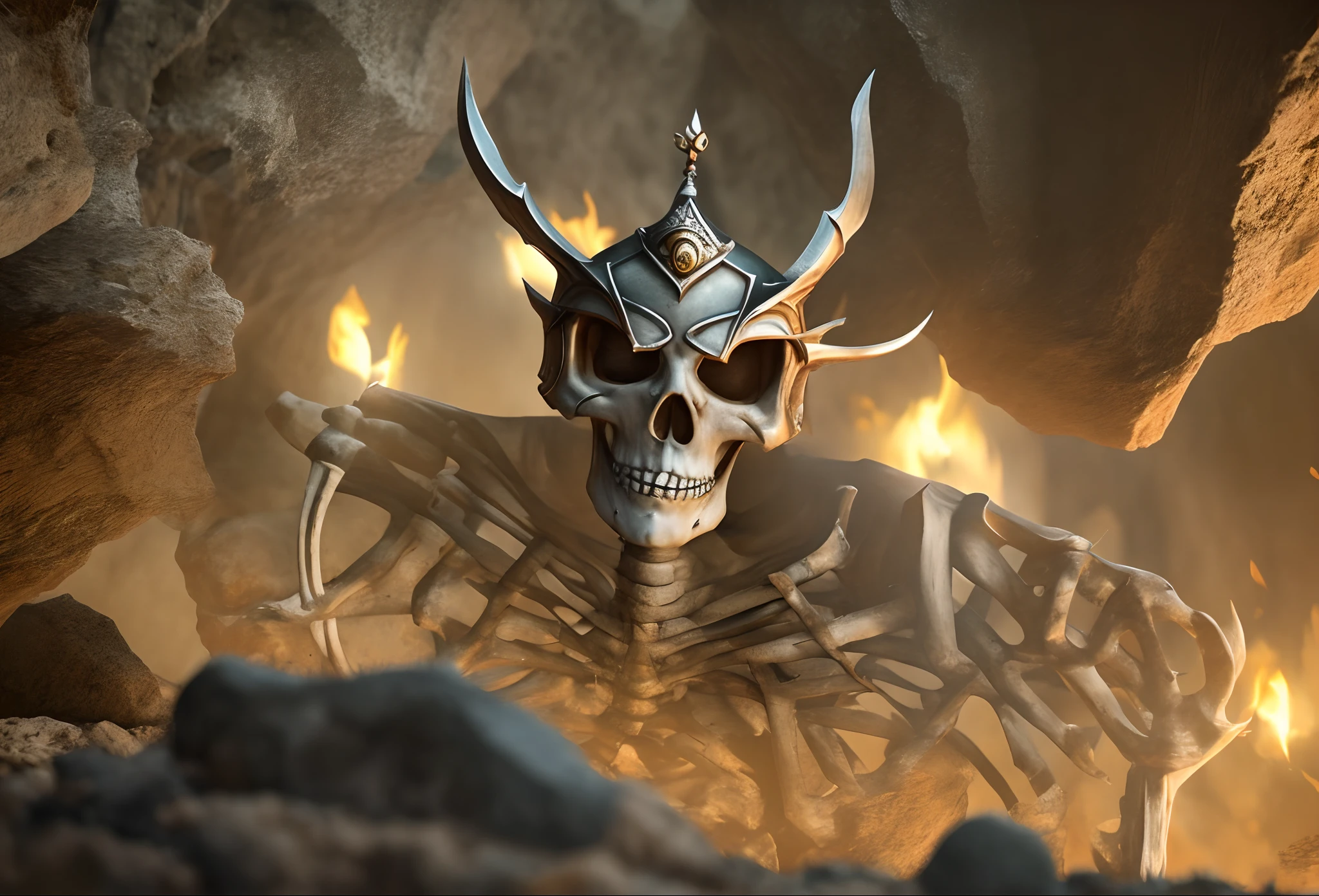 create an animated scene of a ghost with full skeleton body, eyes missing, loosy hair, wear a Viking shoot and a crown in the head chasing a woman in the Rocky cave tomb --auto --s2