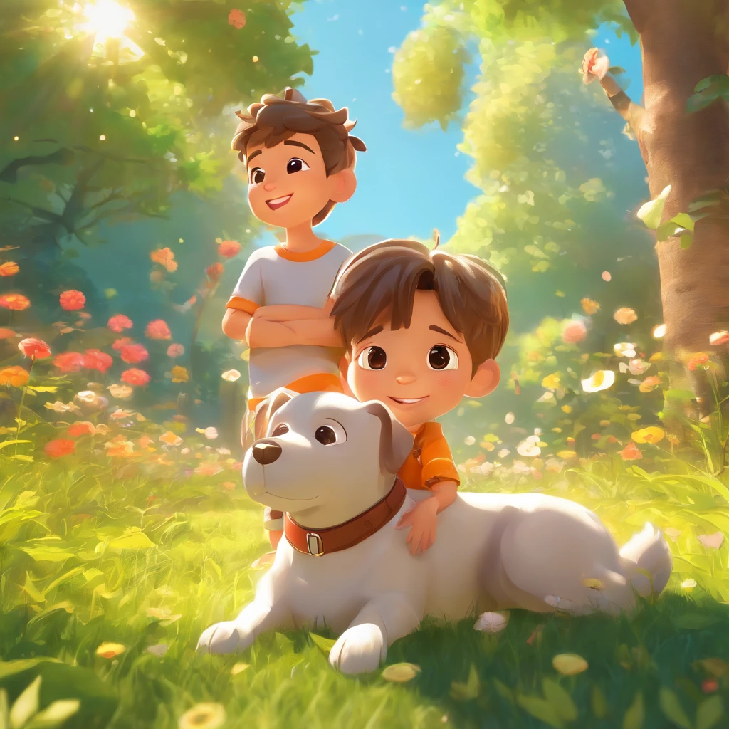 (best quality,highres,ultra-detailed),1boy,smiling,5--old,ailed eyes,detailed lips,extremely detailed face,fine details,long eyelashes,playing in a garden,with his loyal friend,Bolt,the schnauzer dog,lying in the grass,beautiful green surroundings,soft sunlight streaming through the trees,cheerful atmosphere,blissful expression,bright colors,realistic rendering,professional illustration,happy and carefree,peaceful setting,joyful laughter,sunny day,clear blue sky,blossoming flowers,fluffy clouds,serene environment,vibrant and lively,playful interaction,perfect harmony between the boy and the dog,magical ambience,best friends,unbreakable bond,freedom and innocence,flawless composition,precise brushwork,sparkling colors,immaculate attention to detail