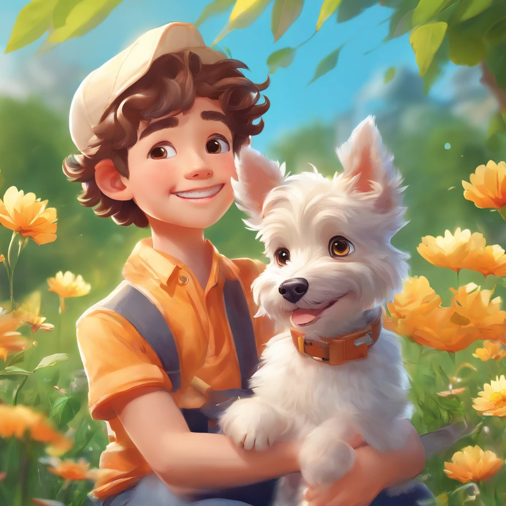 (best quality,highres,ultra-detailed),1boy,smiling,5--old,ailed eyes,detailed lips,extremely detailed face,fine details,long eyelashes,playing in a garden,with his loyal friend,Bolt,the schnauzer dog,lying in the grass,beautiful green surroundings,soft sunlight streaming through the trees,cheerful atmosphere,blissful expression,bright colors,realistic rendering,professional illustration,happy and carefree,peaceful setting,joyful laughter,sunny day,clear blue sky,blossoming flowers,fluffy clouds,serene environment,vibrant and lively,playful interaction,perfect harmony between the boy and the dog,magical ambience,best friends,unbreakable bond,freedom and innocence,flawless composition,precise brushwork,sparkling colors,immaculate attention to detail