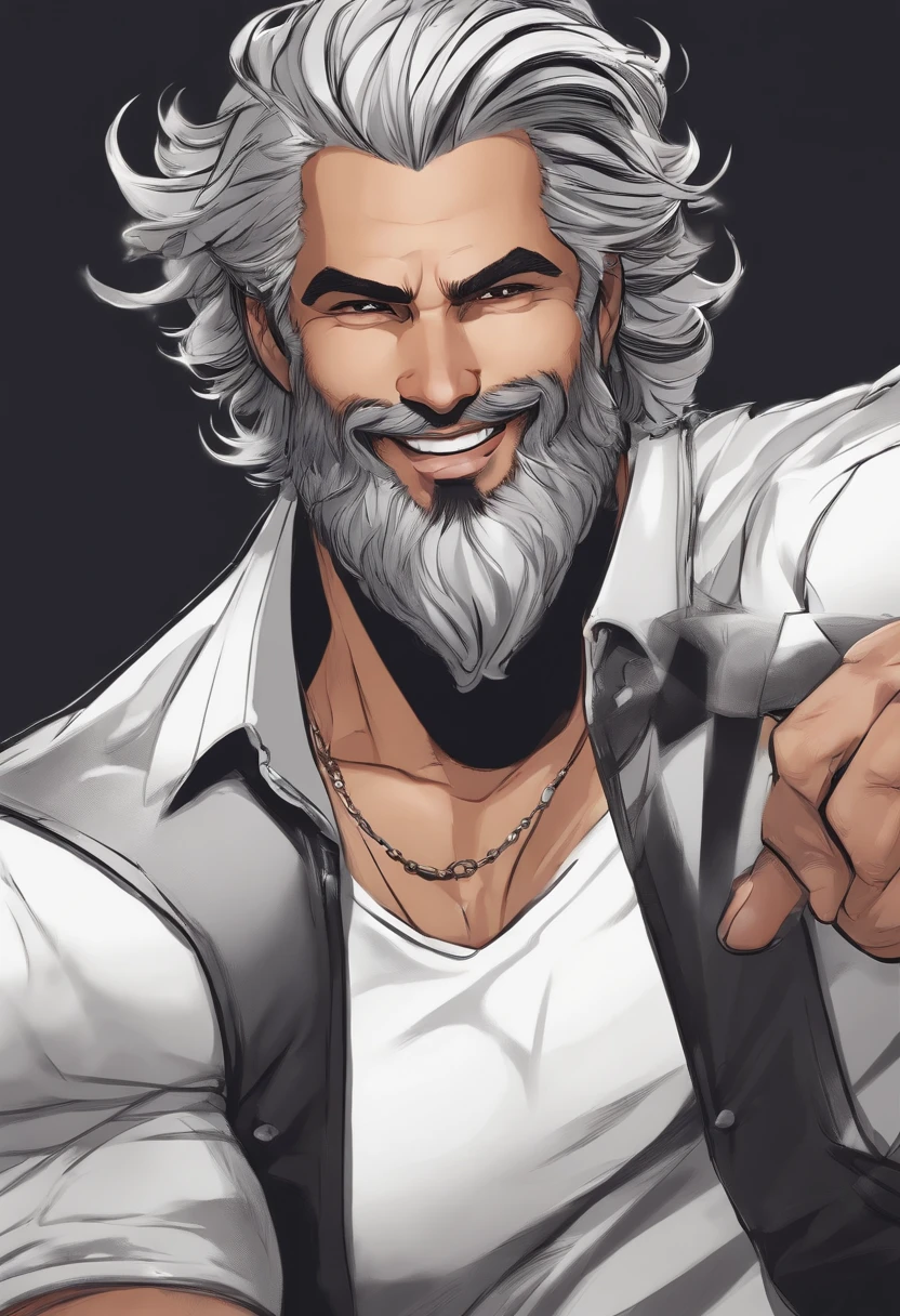 Personagem de desenho animado de um homem com cabelo metade branco metade preto, barba por fazer, sobrancelha com um risquinho do lado esquerdo, camiseta preta com uma corrente de prata, With a smile and like beer in my hand