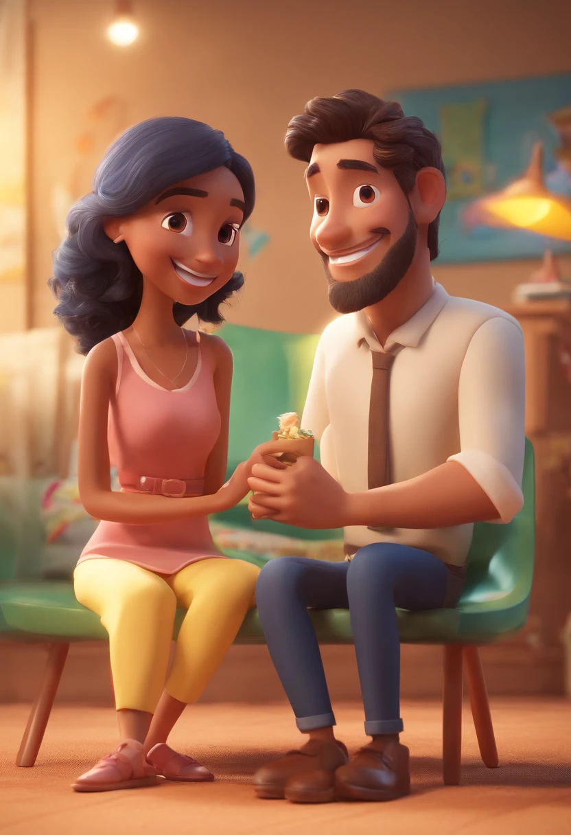 An illustration of an adorable couple, Spotlight on a smiling slim brunette man and a brown woman with beautiful expressive eyes - the man's skin is brown and the man's hair is low, while the woman's skin is brown and the woman's hair is curly and brown. They are a bright room, cada um com um sorriso no rosto, e compartilhar um momento especial caracterizado pelo amor, Insights. Illustrate this scene from a perspective where they are facing the camera, Smiling and Showing Your Connection. Desenvolva esta arte em Full HD, Focus on your cinematic touch, Estilo Disney Pixar Animations