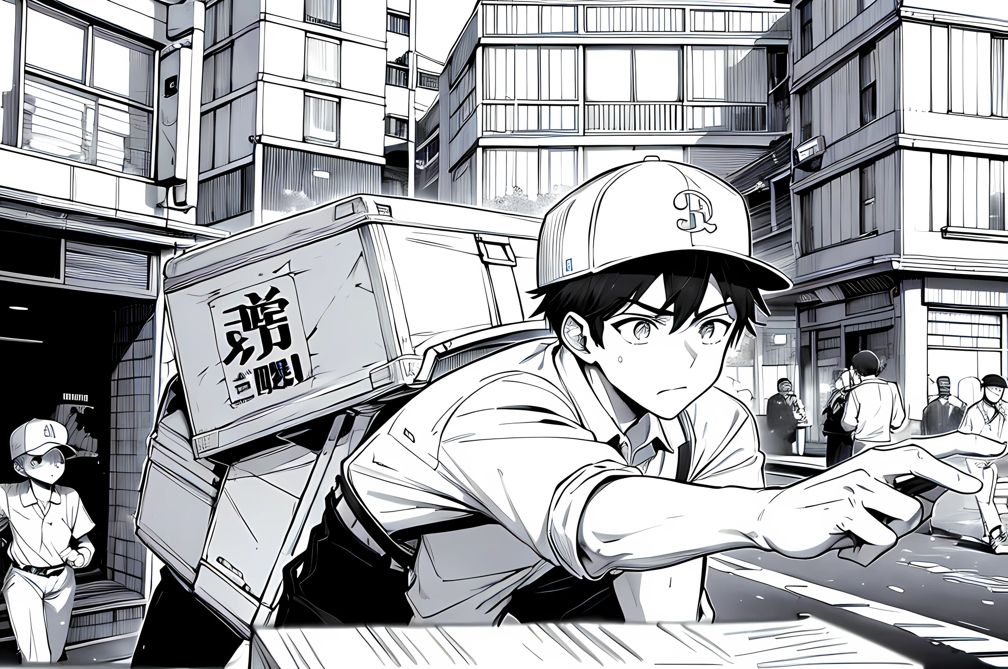 a young man delivering a package, a deliveryman uniform with a collared shirt, backpack, and baseball cap, holding a cardboard box, outdoors, urban environment, dodging pedestrians on a crowded busy street, running, (determined expression), urgency, manga style, manga, black and white