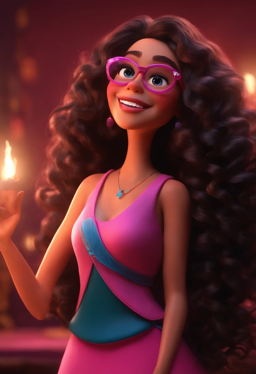 Pixar style image with 3D character glasses pink brunette woman long curly hair black dancing, Maquiagem Disney,Pescador, bonitinho, sorridente ,Close-up, Pixar, Disney, Cinema lighting,